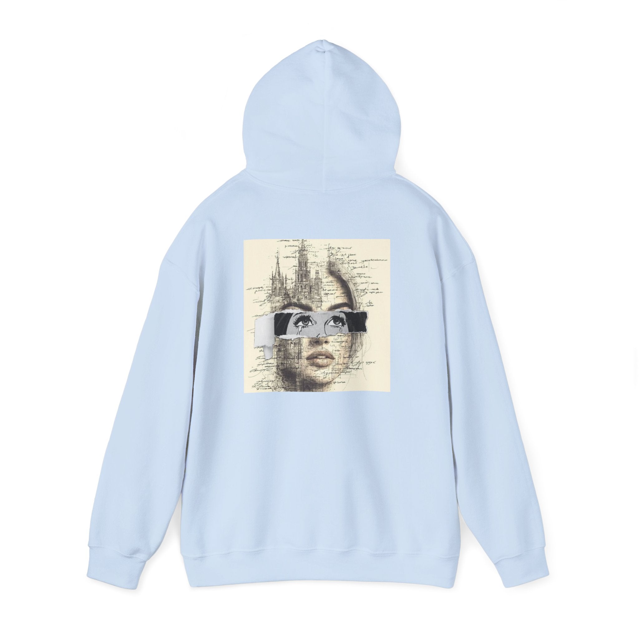 Artistic Face Collage Hoodie — Vintage Script Portrait Sweatshirt