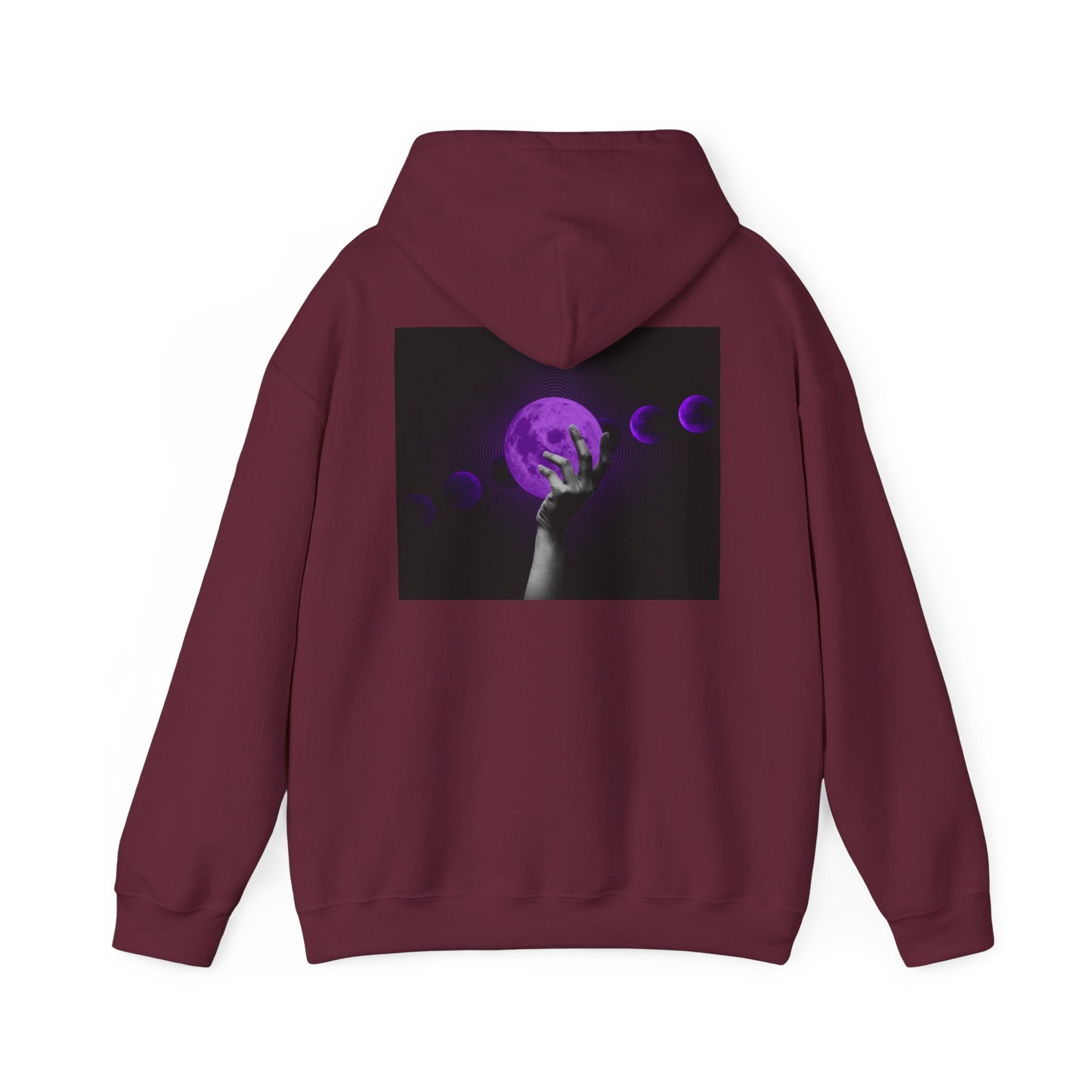 Moon Phases Hoodie — Purple Lunar Hand Graphic Pullover