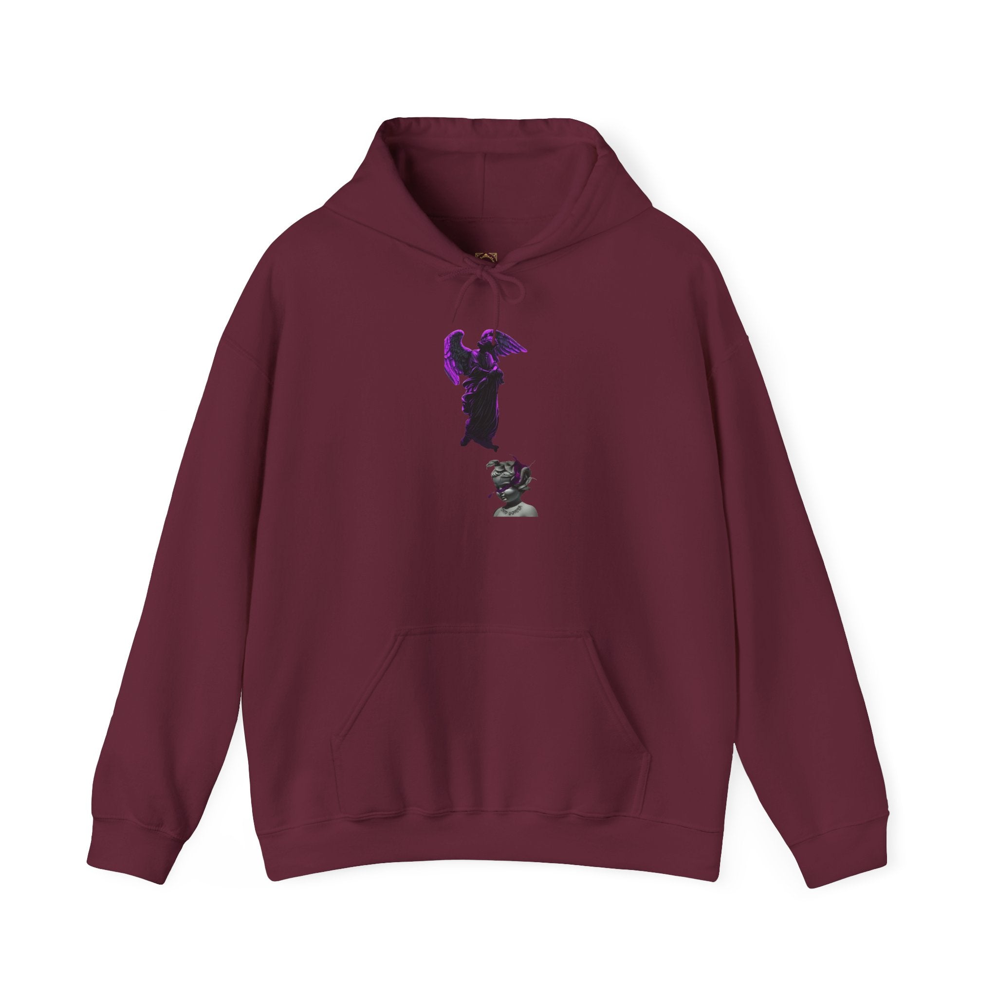 Angel Statue Hoodie — Gothic Purple Accent Sculptural Graphic Hoodie