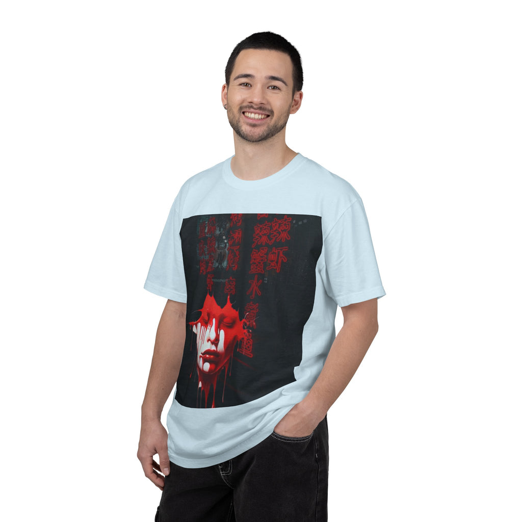 Horror Portrait Tee — Dripping Red Face with Japanese Script Graphic