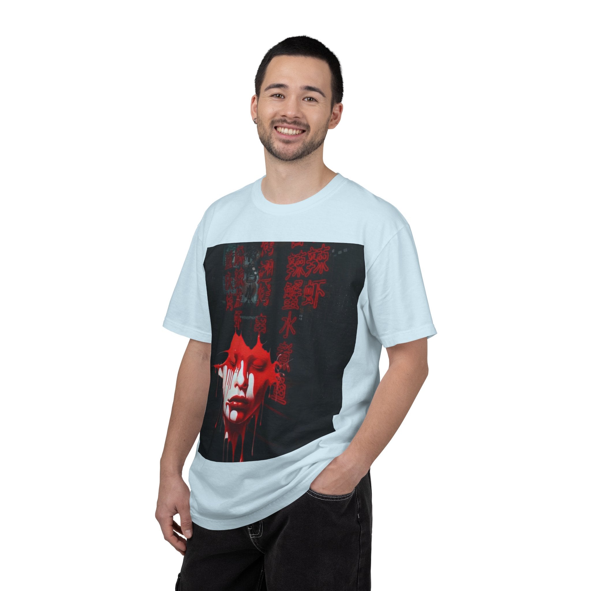 Horror Portrait Tee — Dripping Red Face with Japanese Script Graphic