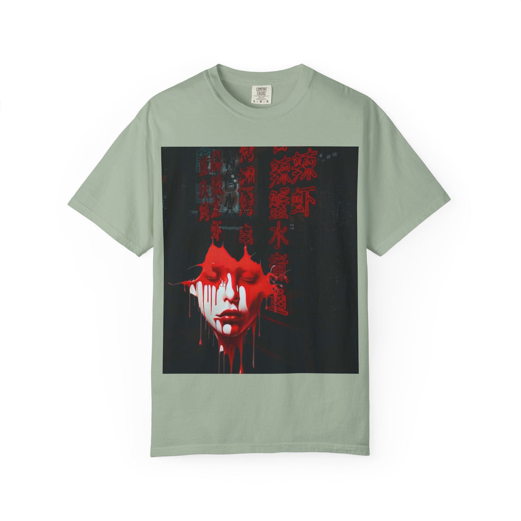 Horror Portrait Tee — Dripping Red Face with Japanese Script Graphic