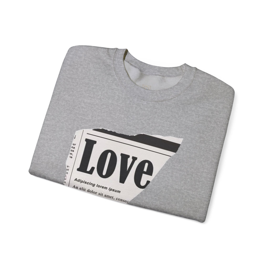 Crewneck Sweatshirt — 'Love' Newspaper Graphic with 'Oh Wait,' Text