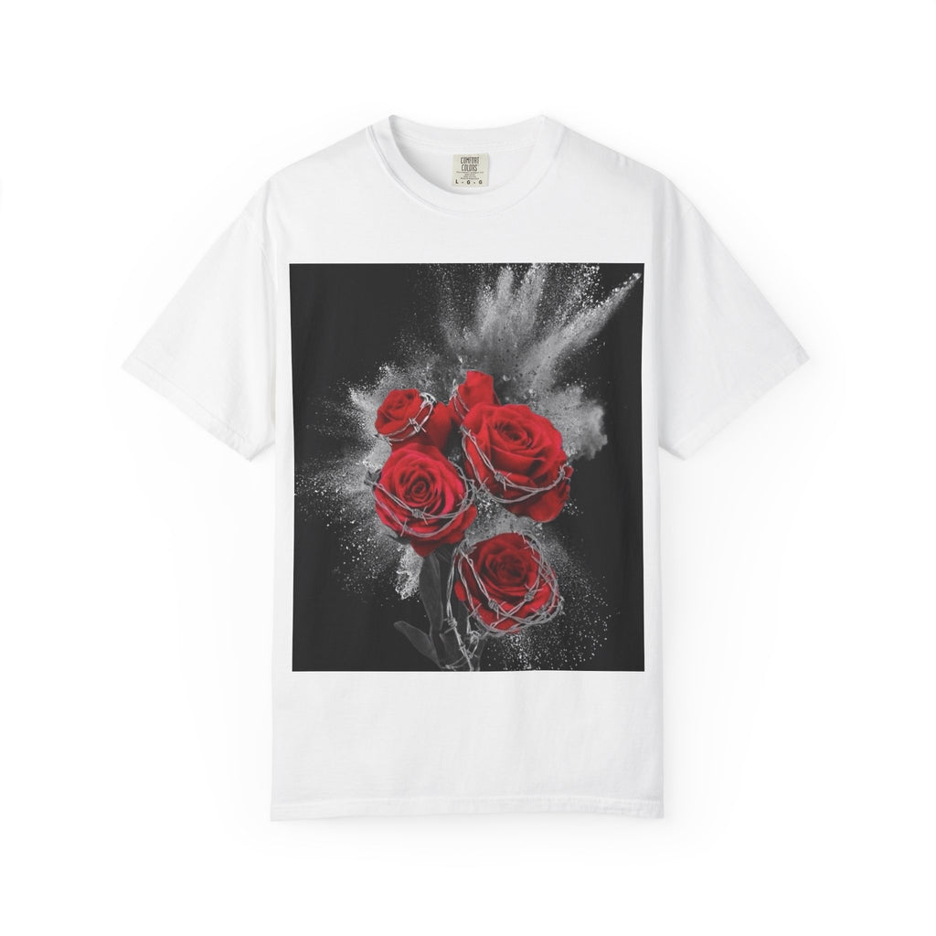 Rose Burst T-Shirt — Red Roses Graphic Tee with 'LEGACIESS' Back Logo