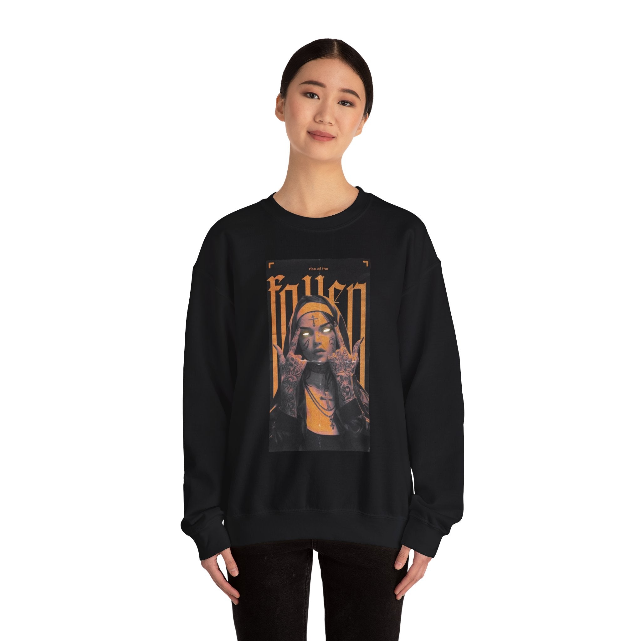 Fallen Gothic Crewneck Sweatshirt — Dark Tattooed Nun Graphic