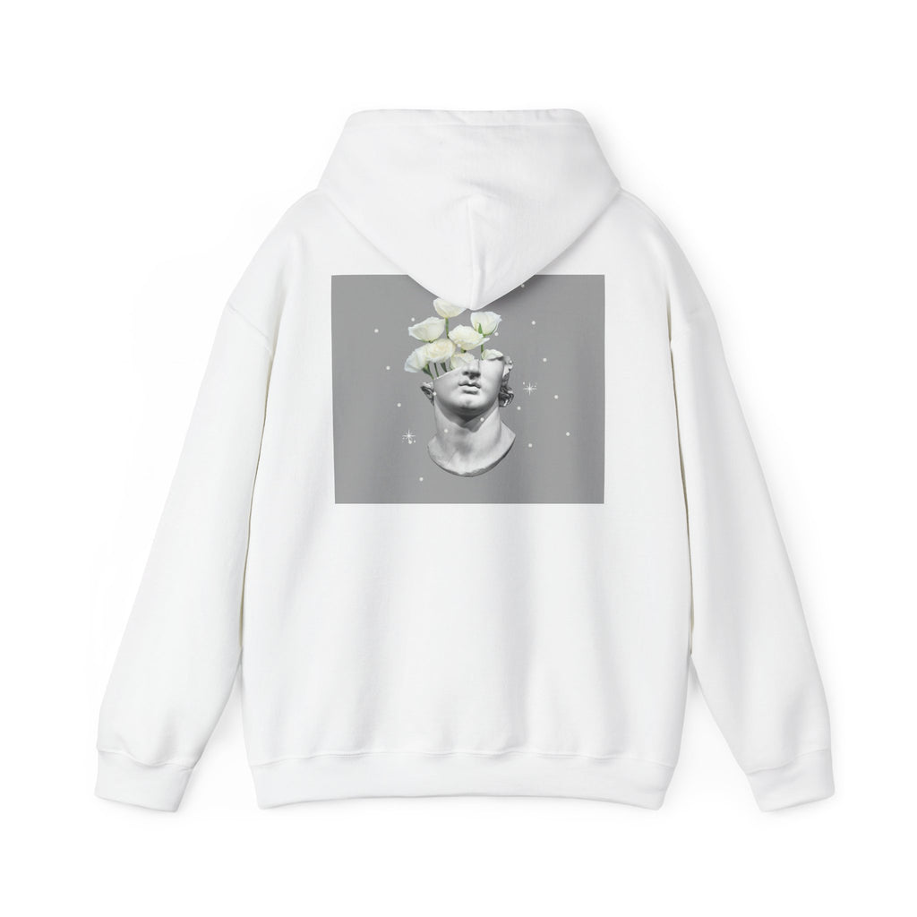 Statue Bloom Hoodie — Classical Bust with White Flowers Graphic Hoodie