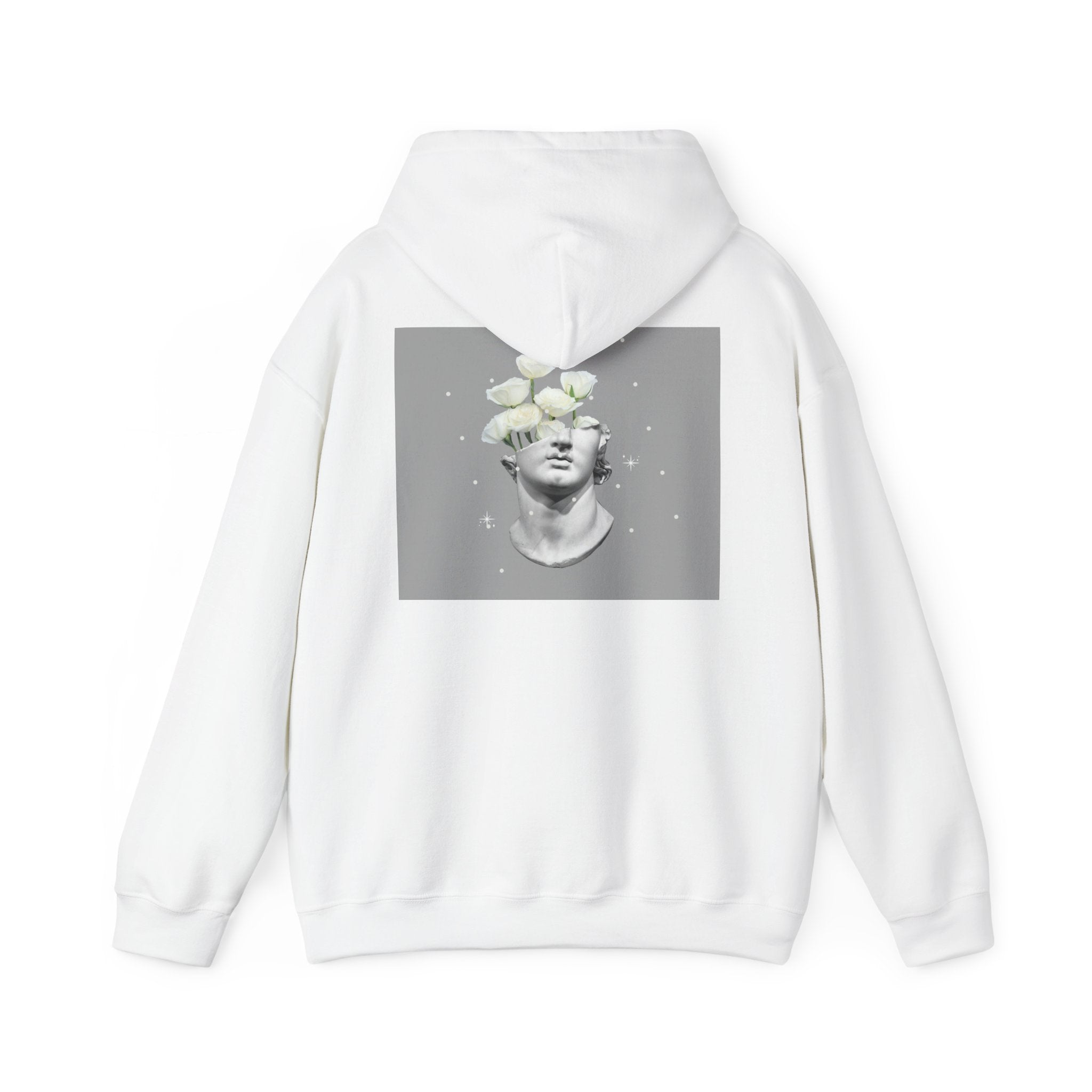 Statue Bloom Hoodie — Classical Bust with White Flowers Graphic Hoodie