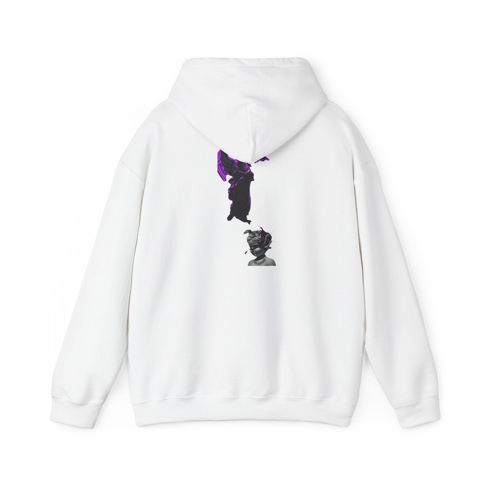 Angel Statue Hoodie — Gothic Purple Accent Sculptural Graphic Hoodie