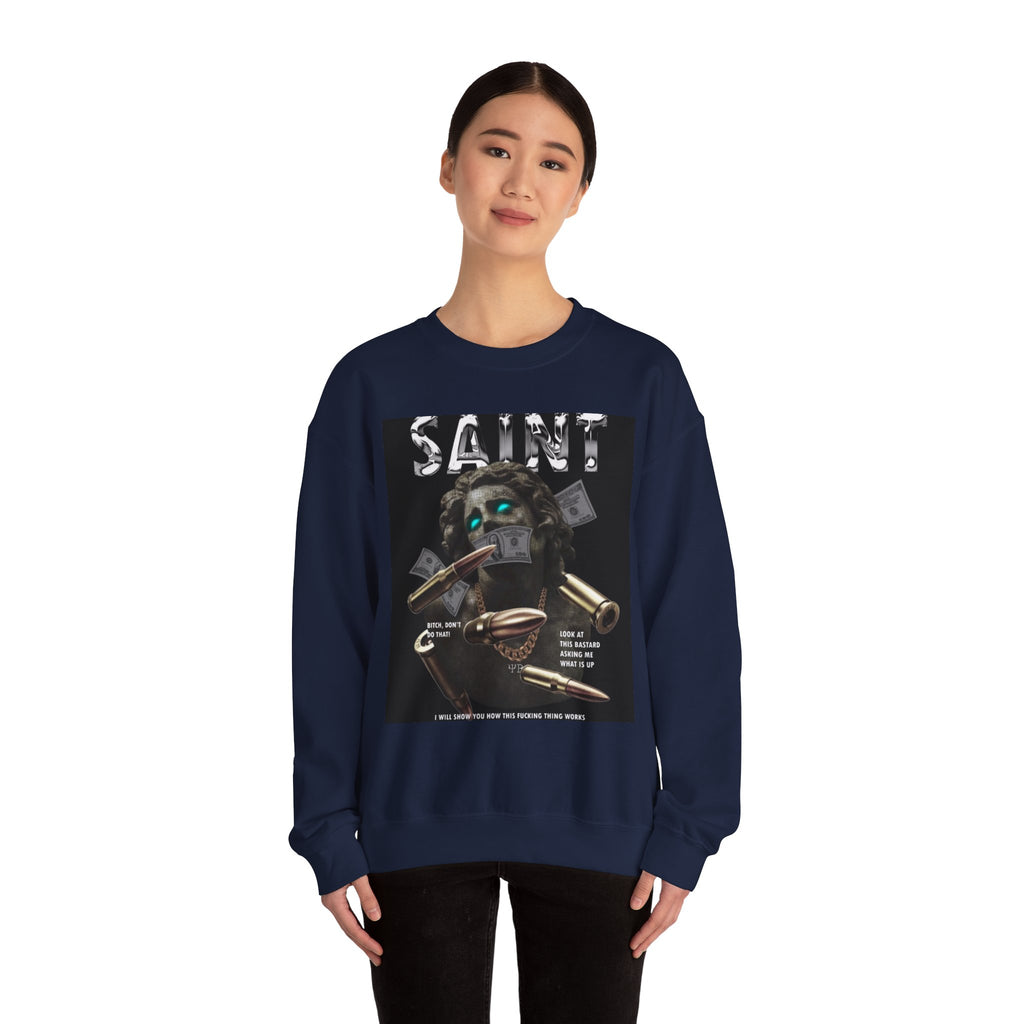 Saint Graphic Crewneck Sweatshirt — Dark Art Money Montage
