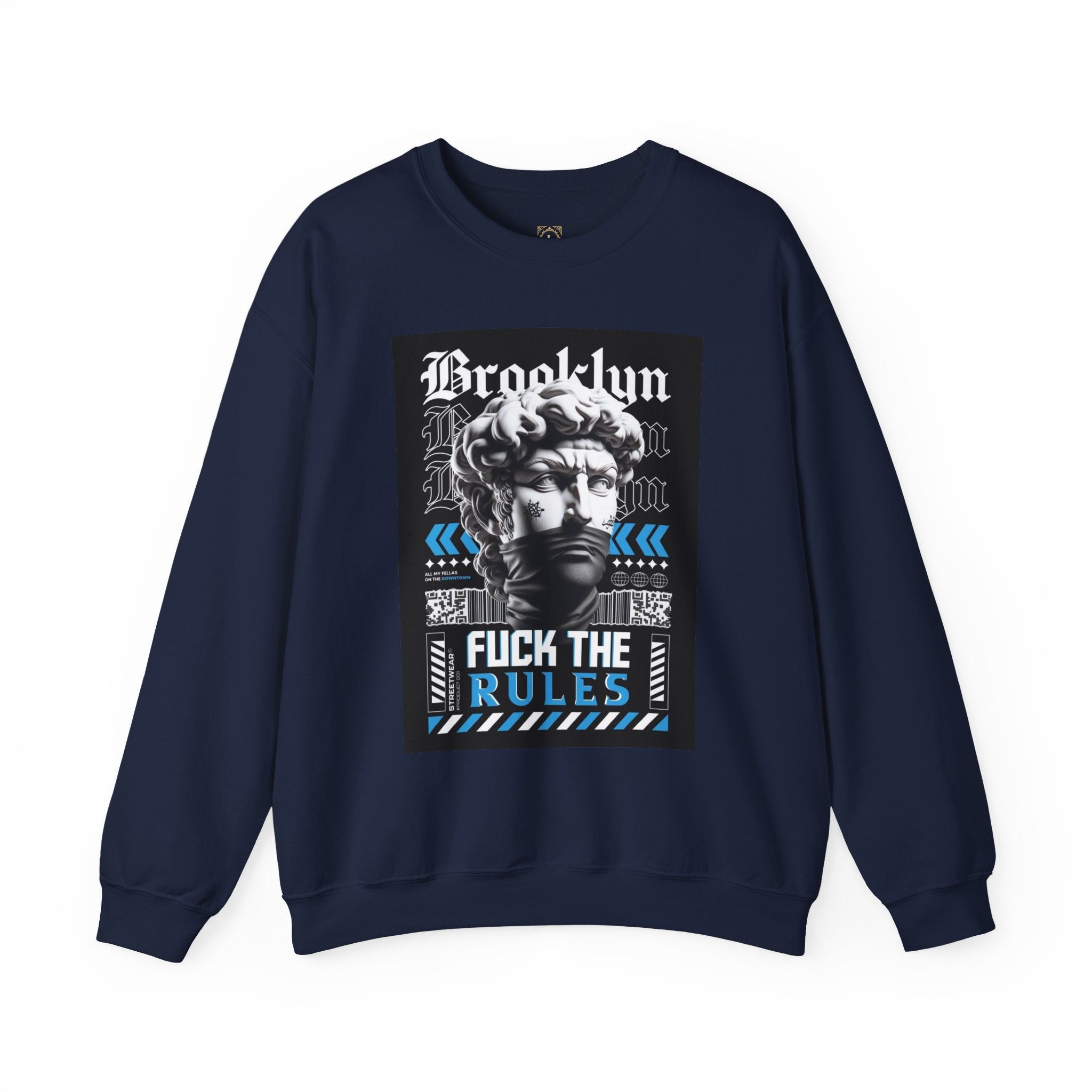 Crewneck Sweatshirt — 'Brooklyn' Statue Graphic with “Fuck the Rules” Streetwear Slogan