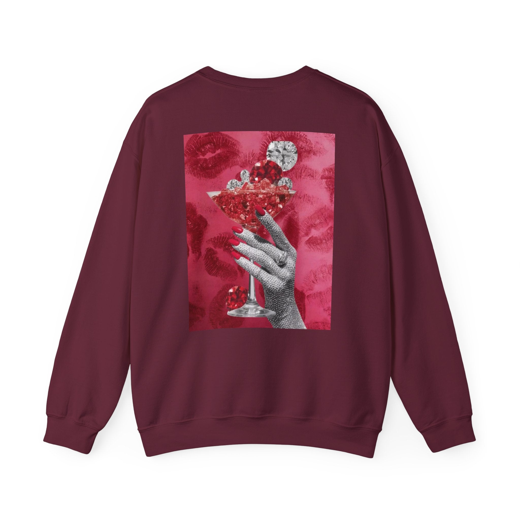 Crewneck Sweatshirt — Glamorous Red Cocktail Collage (Hand Holding Glass, Lip Print)