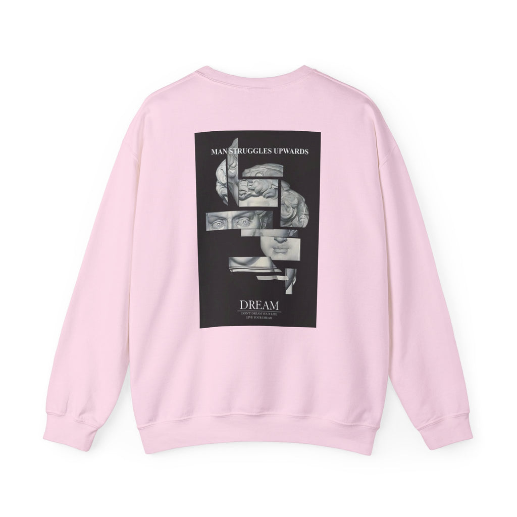 Dream Fragment Crewneck Sweatshirt — 'Man Struggles Upwards' Statue Collage