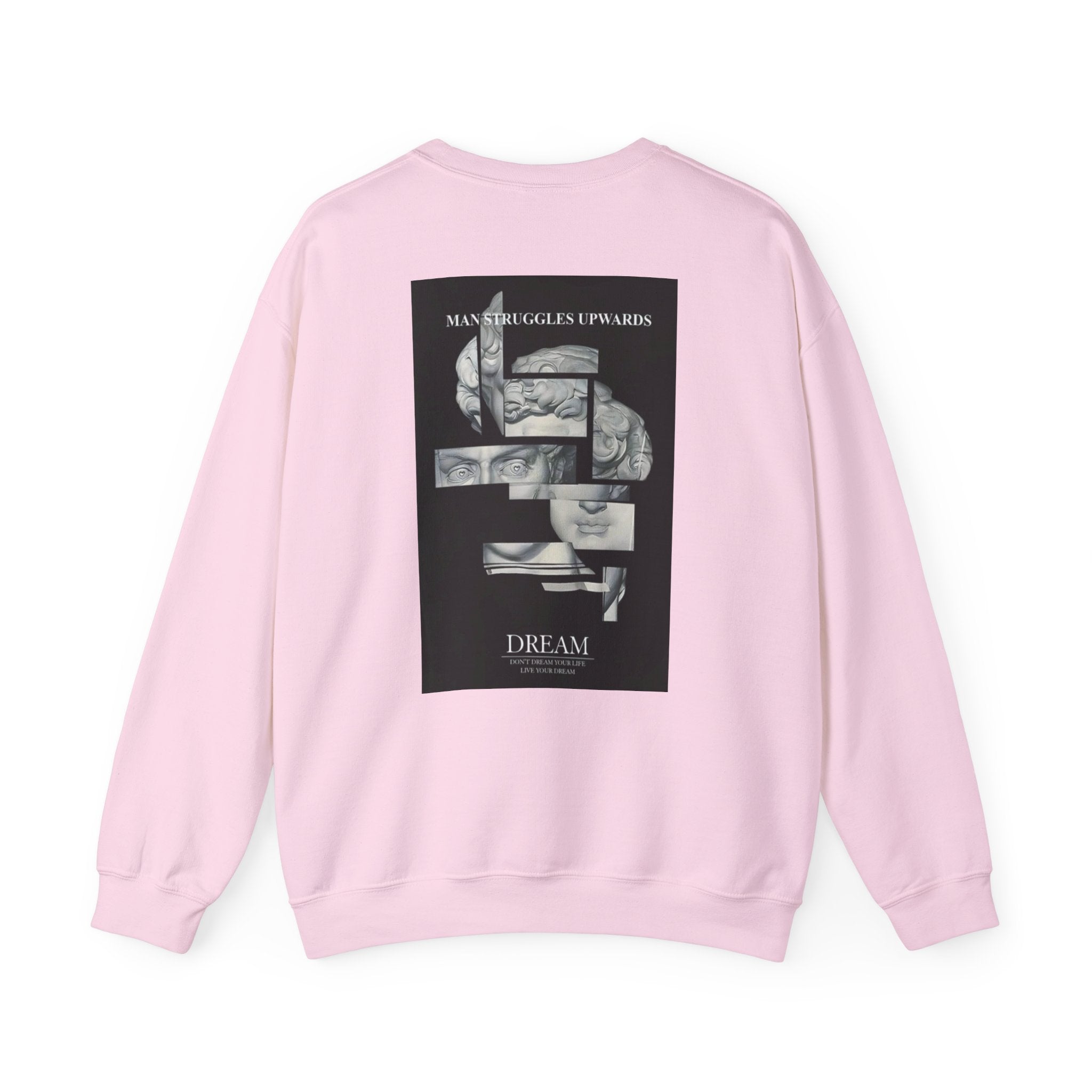 Dream Fragment Crewneck Sweatshirt — 'Man Struggles Upwards' Statue Collage