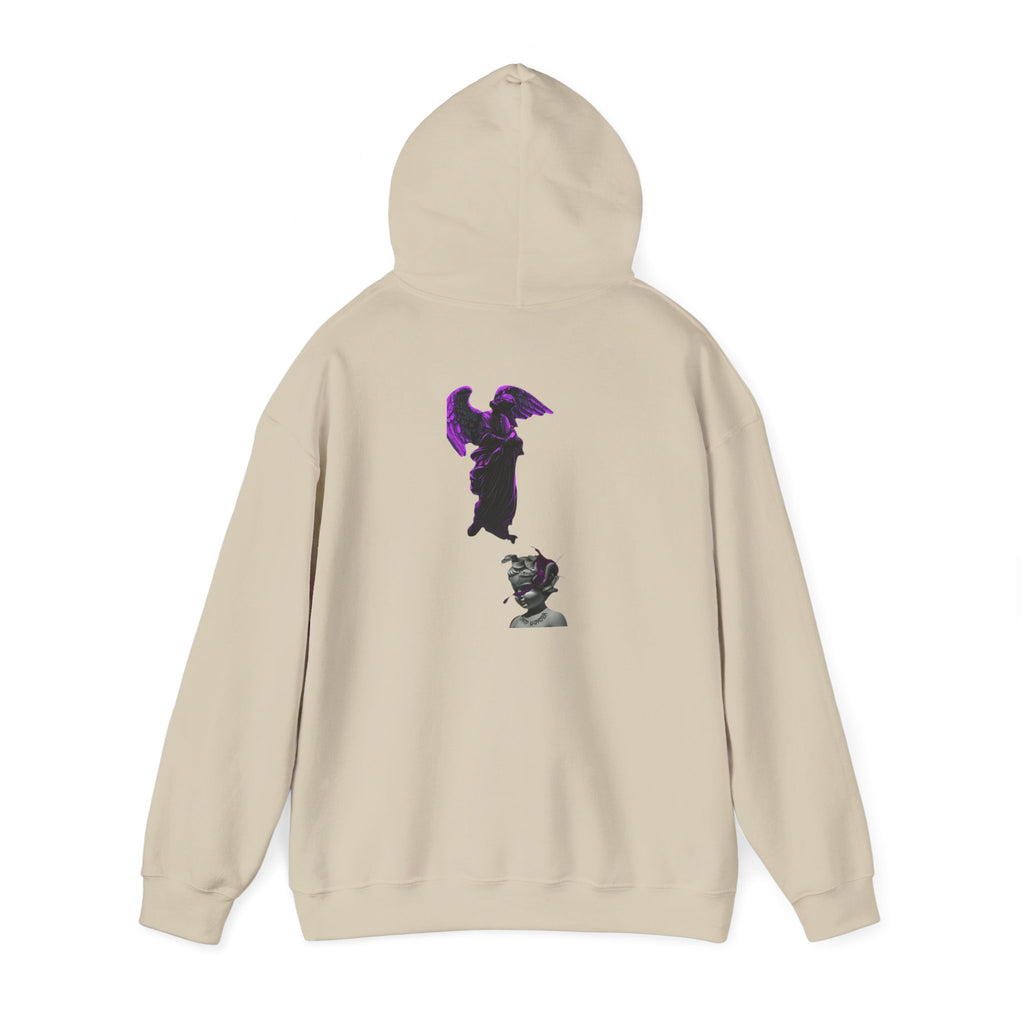 Angel Statue Hoodie — Gothic Purple Accent Sculptural Graphic Hoodie