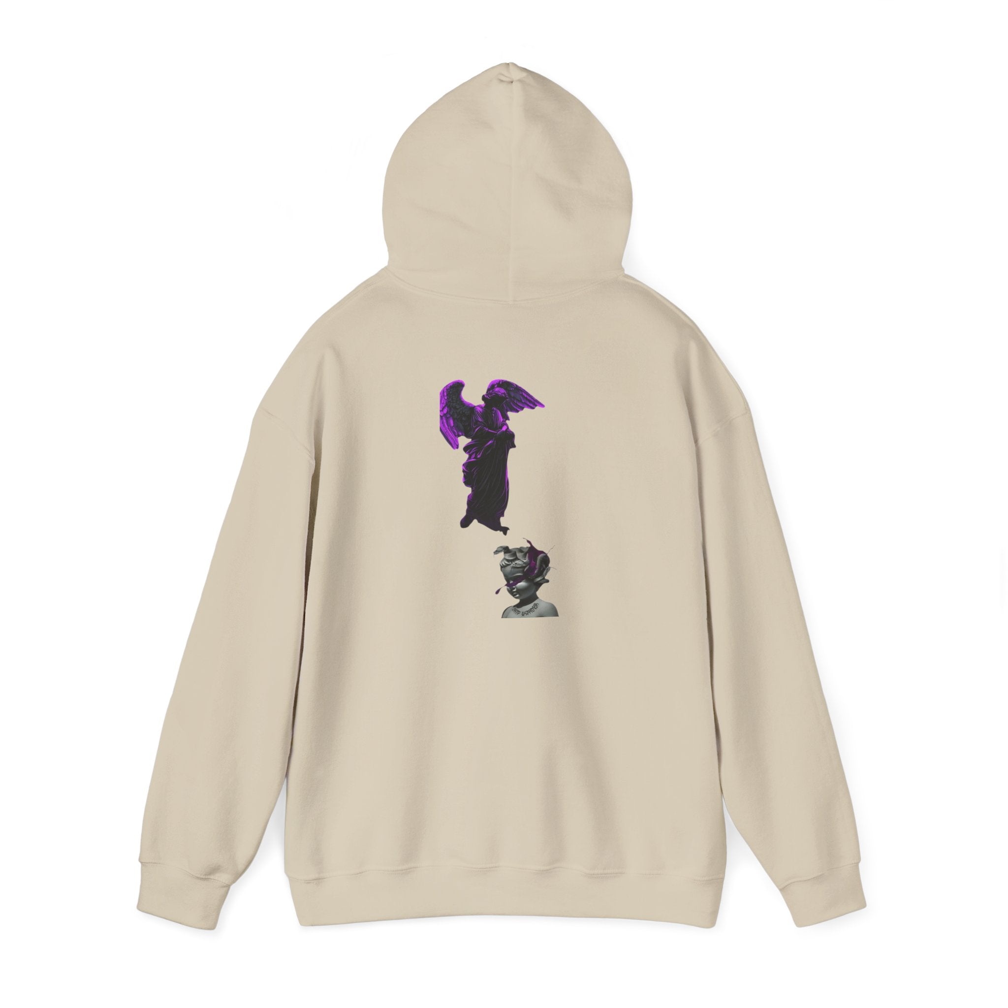 Angel Statue Hoodie — Gothic Purple Accent Sculptural Graphic Hoodie