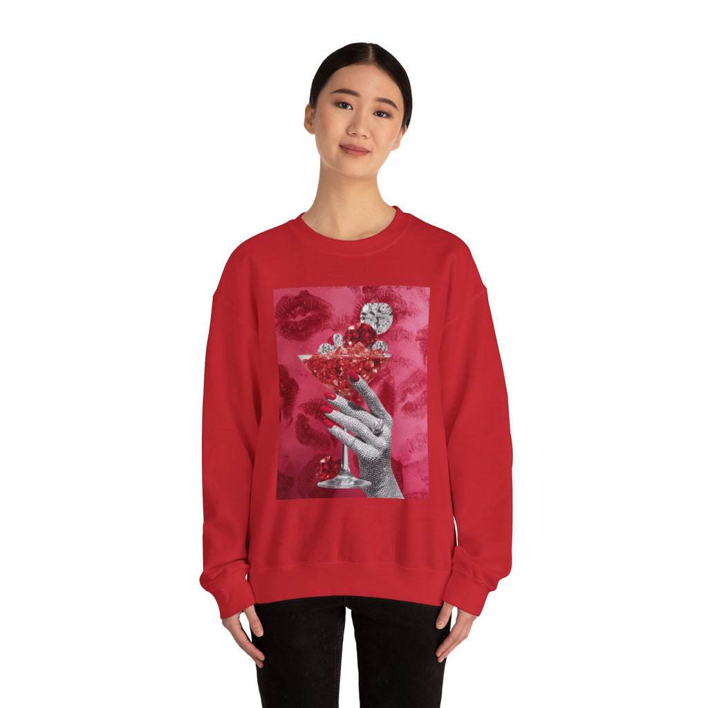 Crewneck Sweatshirt — Glamorous Red Cocktail Collage (Hand Holding Glass, Lip Print)