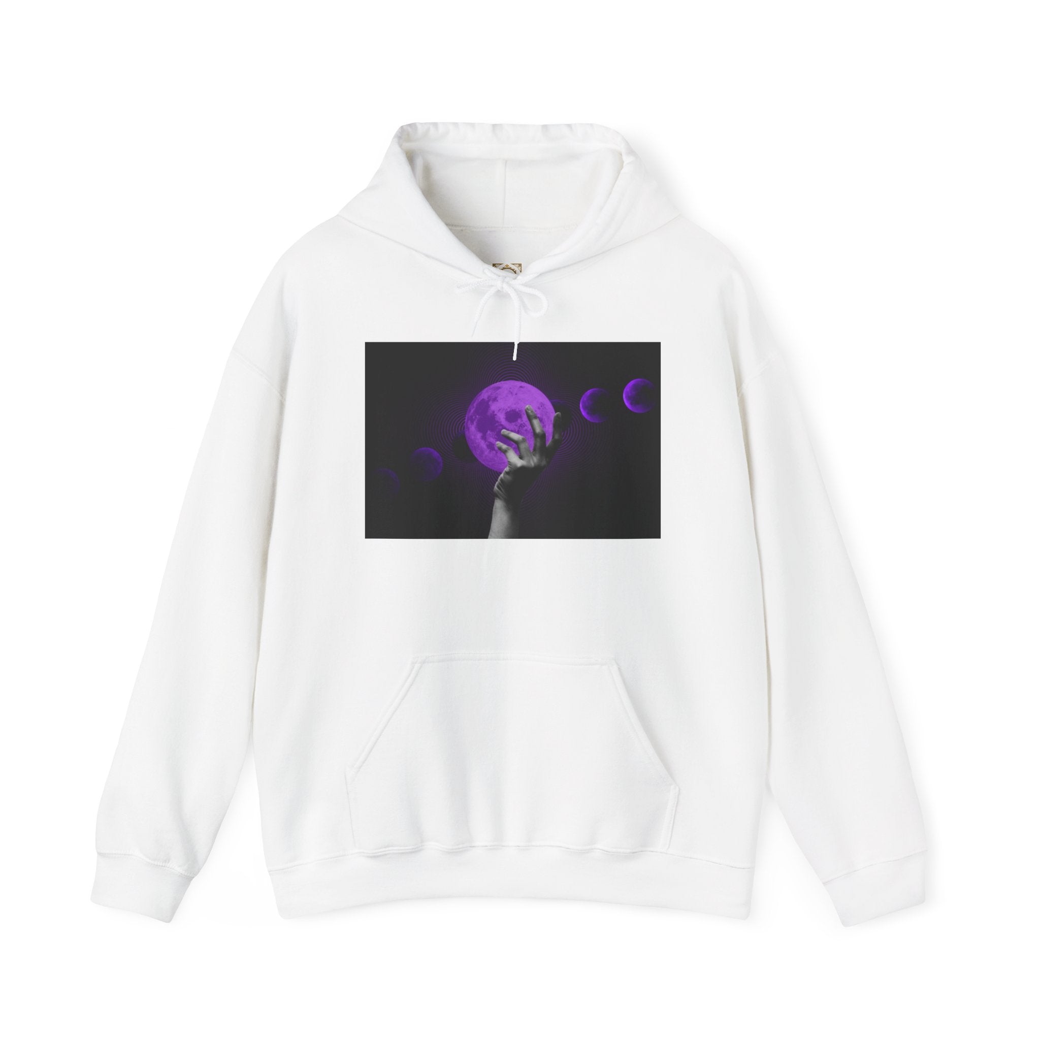 Moon Phases Hoodie — Purple Lunar Hand Graphic Pullover