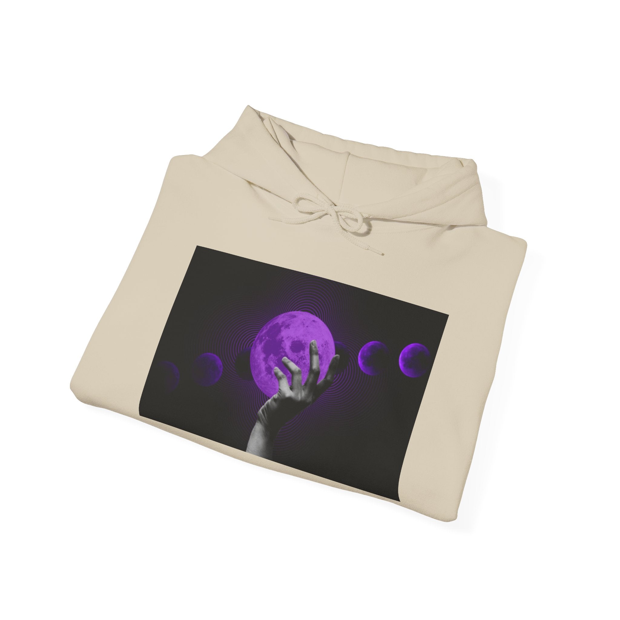 Moon Phases Hoodie — Purple Lunar Hand Graphic Pullover
