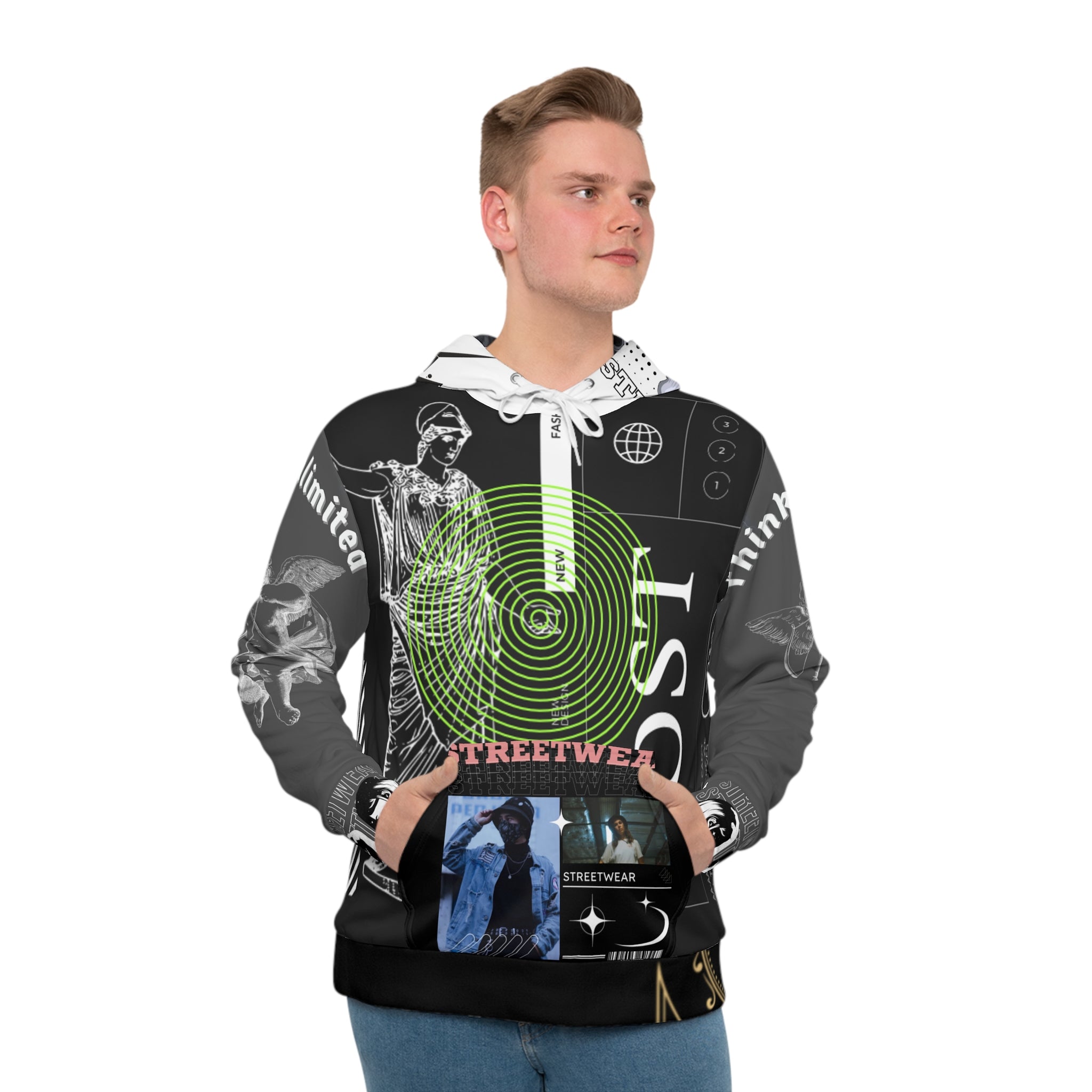 Graphic Streetwear Hoodie — Abstract Collage & Mythic Sea Creatures AOP