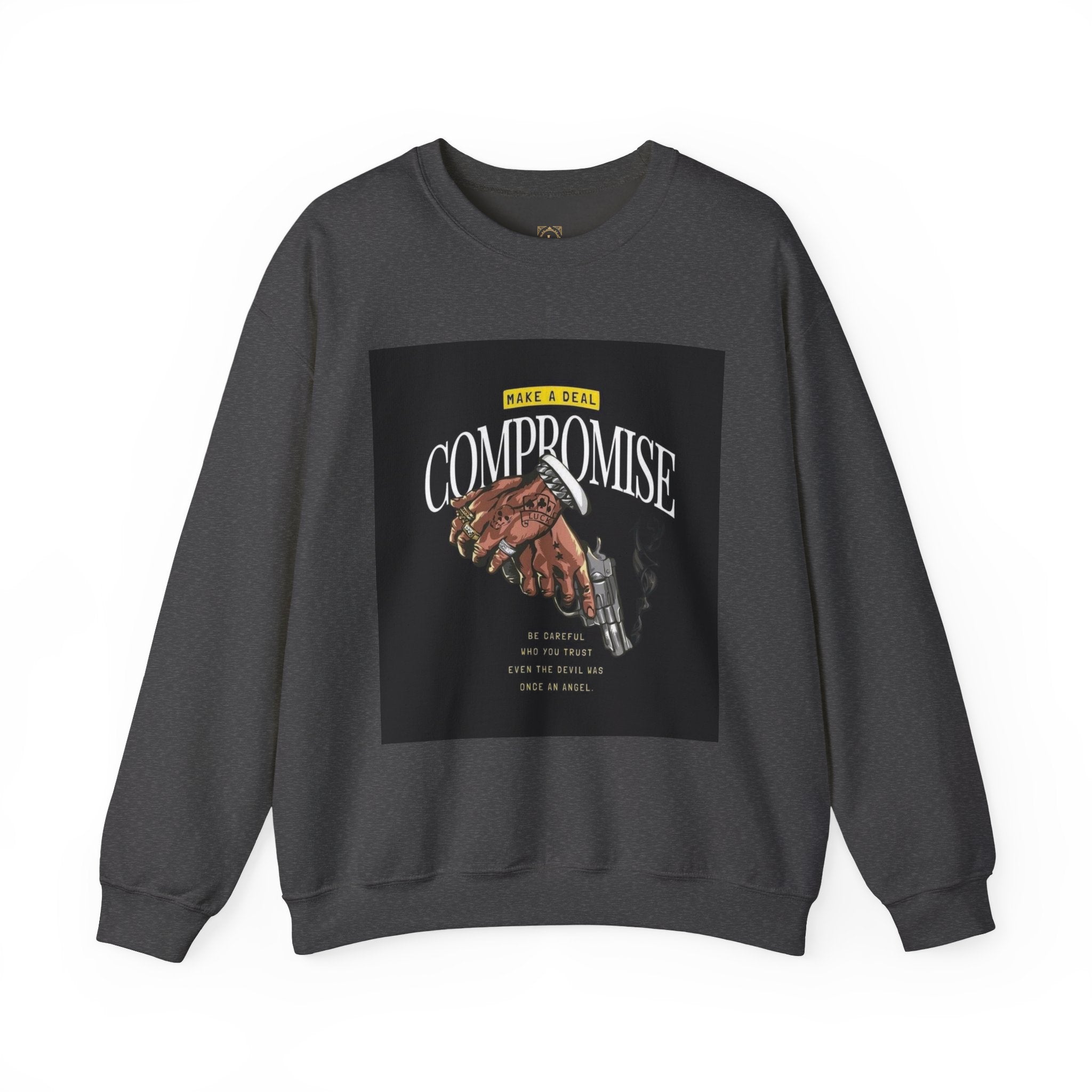 Compromise Graphic Sweatshirt — Vintage Handshake & Revolver Design