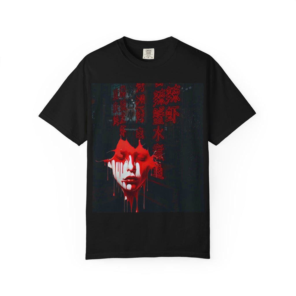 Horror Portrait Tee — Dripping Red Face with Japanese Script Graphic