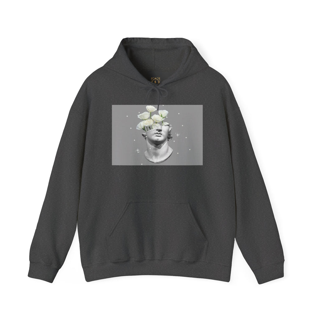 Statue Bloom Hoodie — Classical Bust with White Flowers Graphic Hoodie