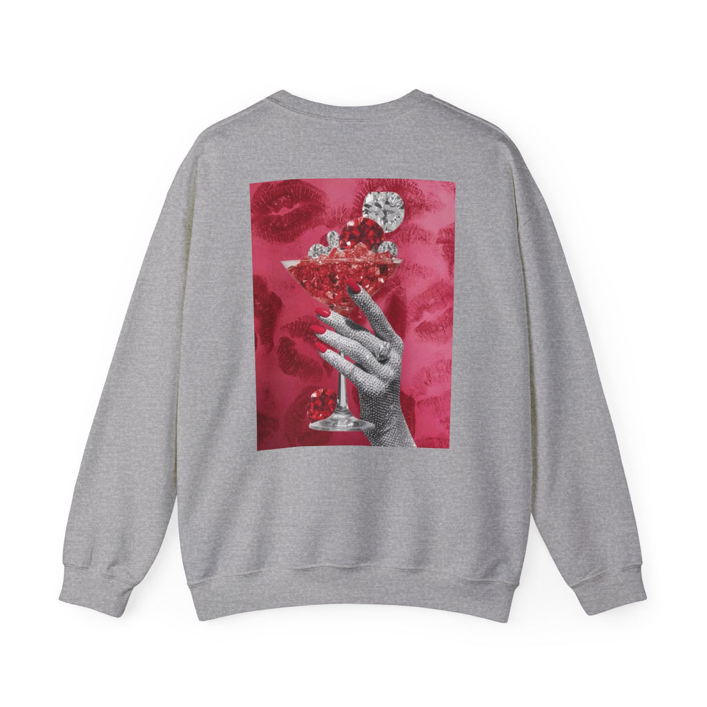 Crewneck Sweatshirt — Glamorous Red Cocktail Collage (Hand Holding Glass, Lip Print)