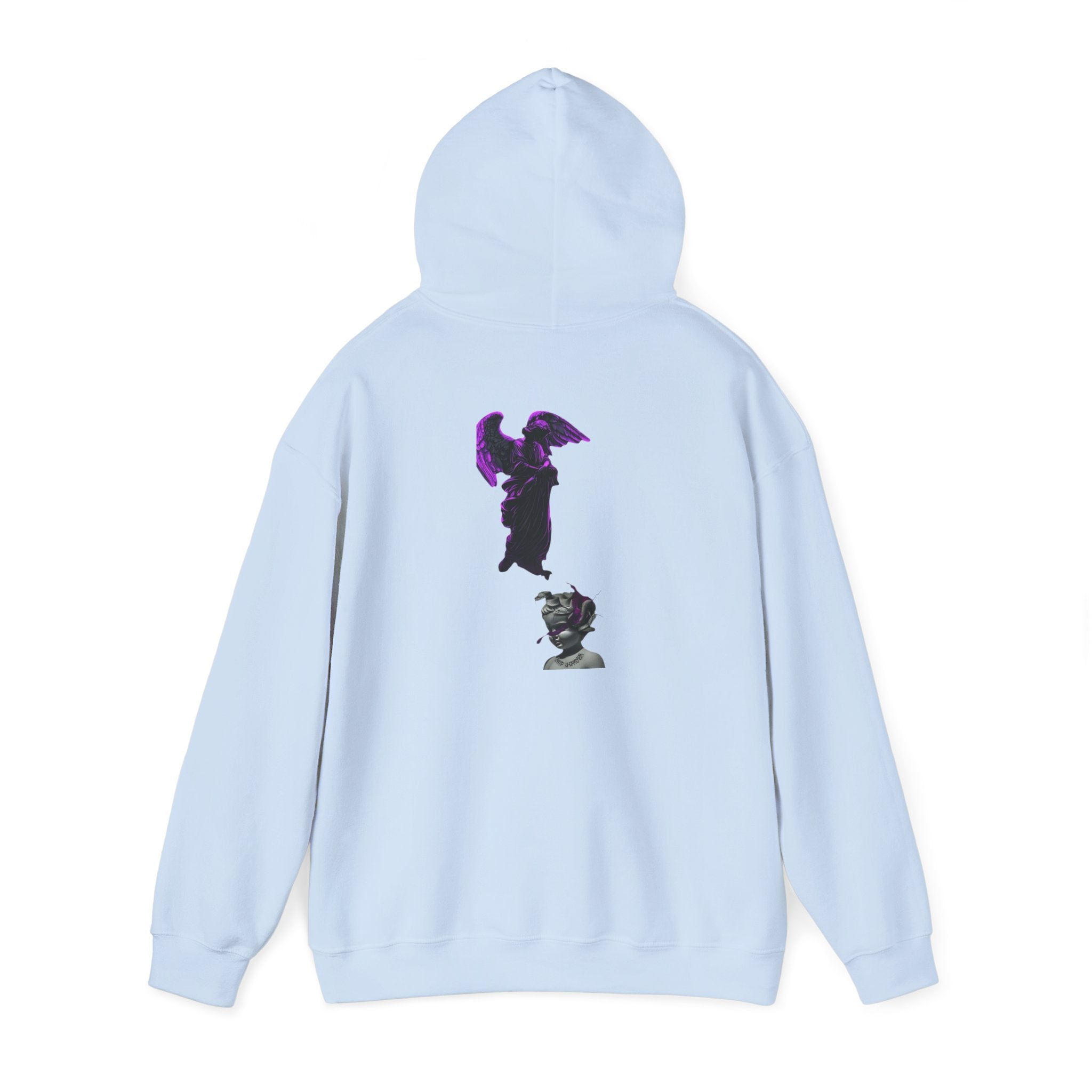 Angel Statue Hoodie — Gothic Purple Accent Sculptural Graphic Hoodie