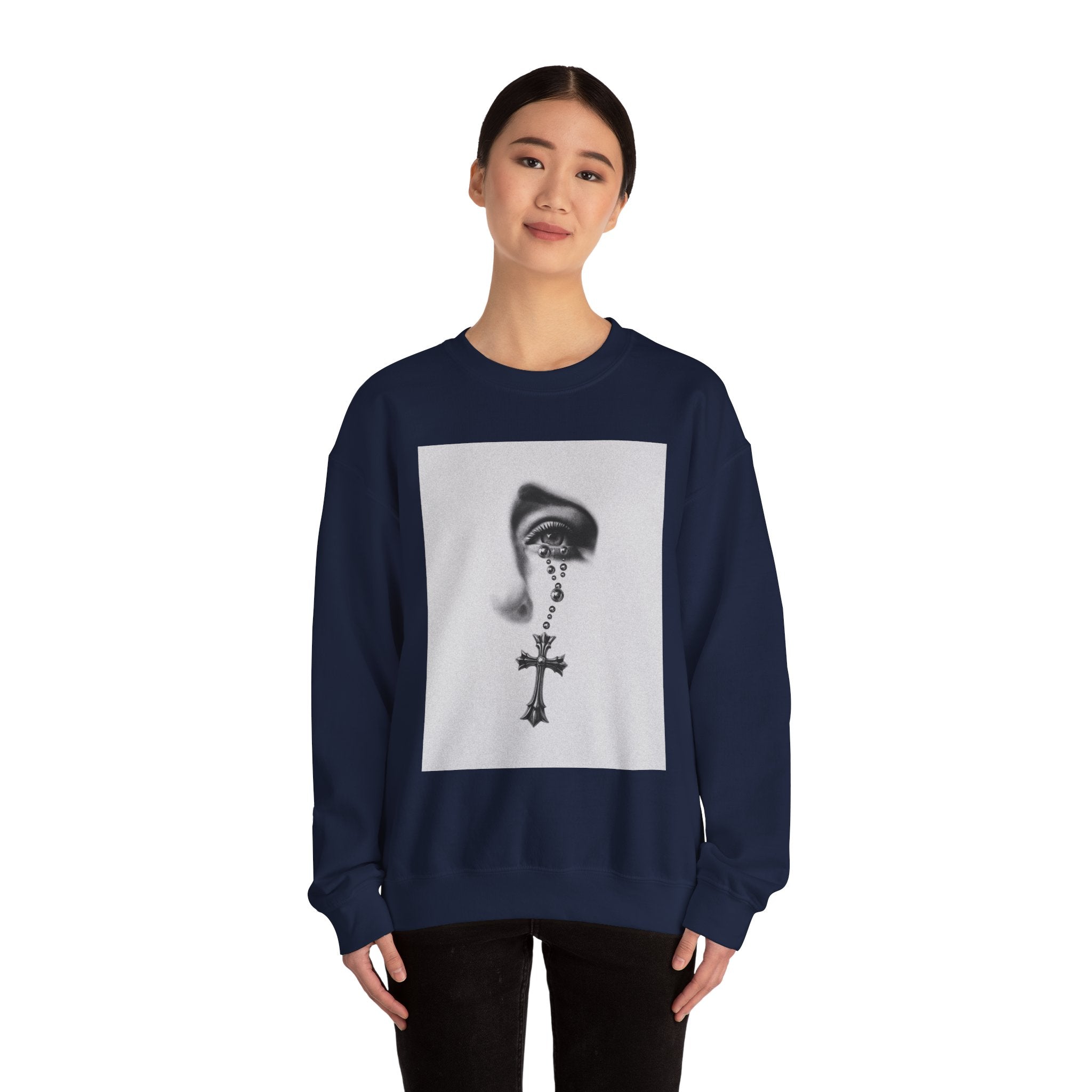 Rosary Tear Crewneck Sweatshirt — Gothic Eye & Cross Graphic