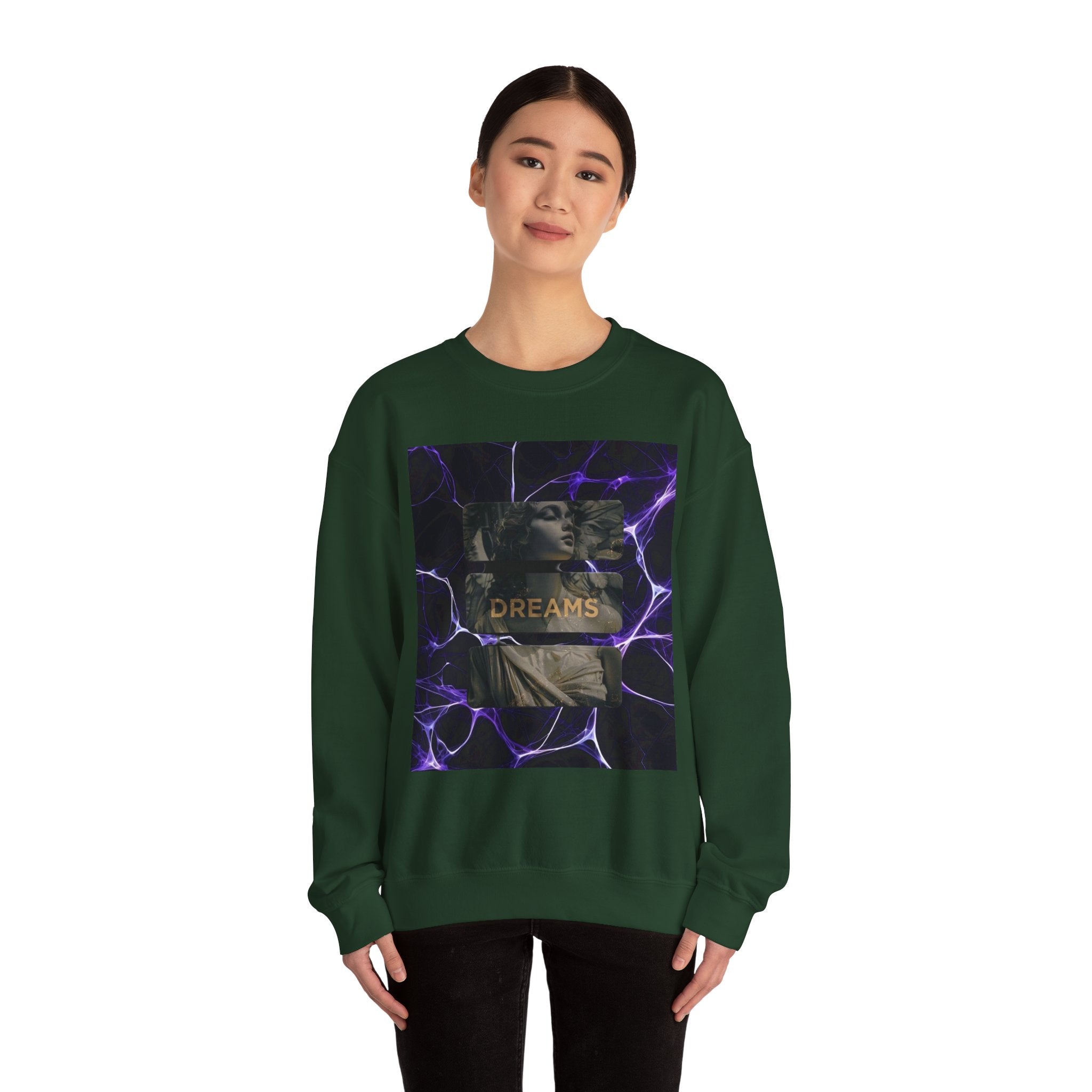 Dreams Statue Crewneck Sweatshirt — Retro Statue Graphic with Purple Lightning