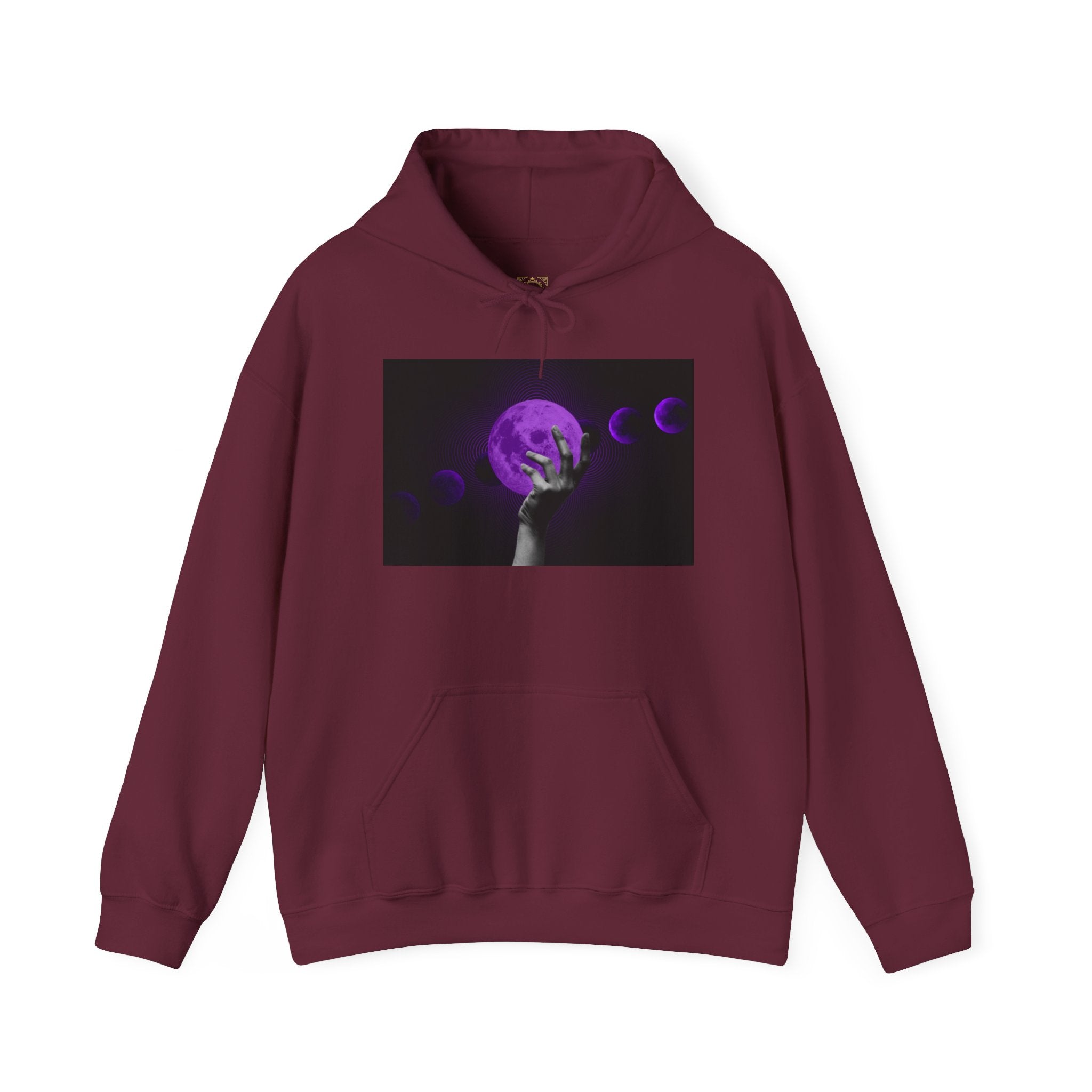 Moon Phases Hoodie — Purple Lunar Hand Graphic Pullover