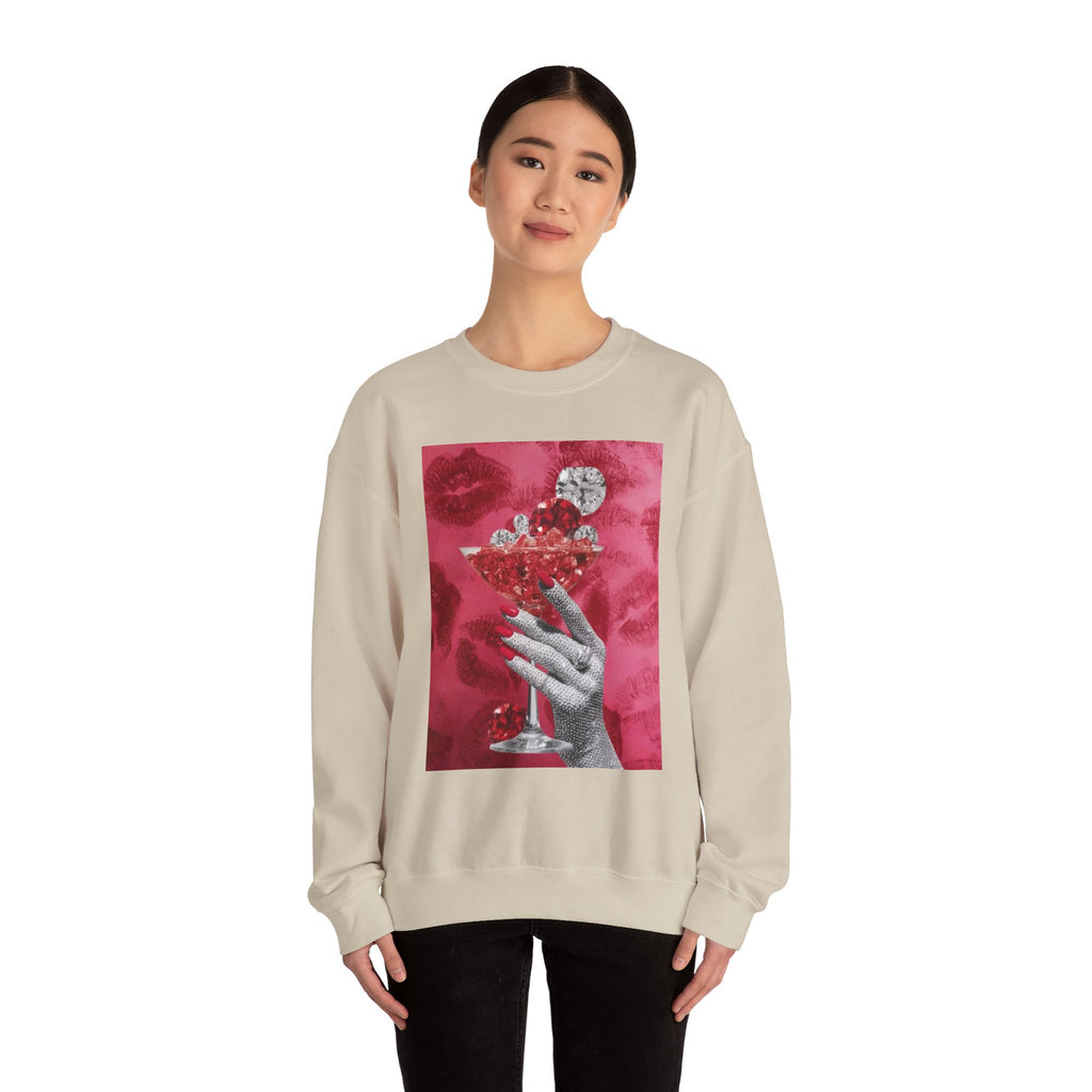 Crewneck Sweatshirt — Glamorous Red Cocktail Collage (Hand Holding Glass, Lip Print)