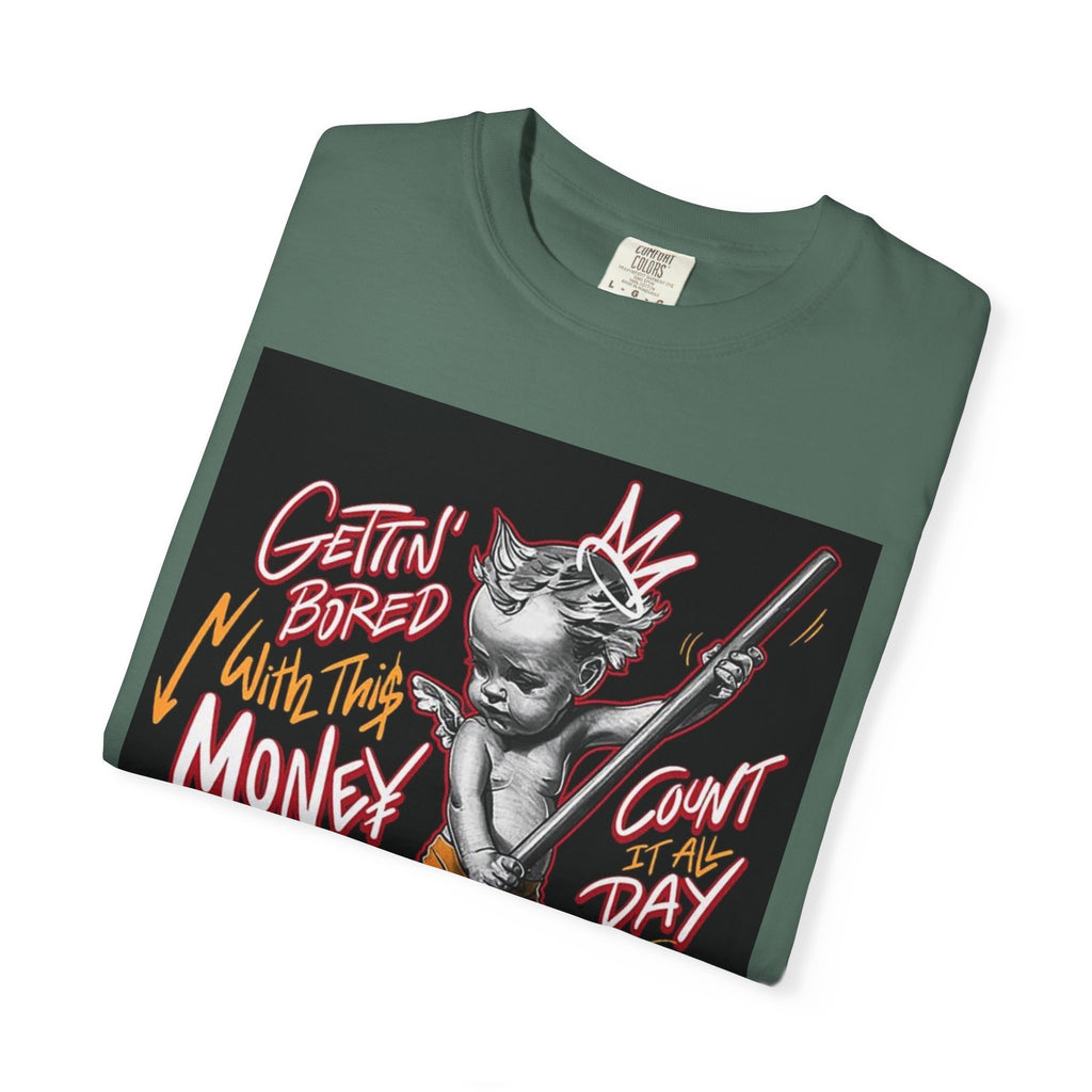 Cat Broomstick Money Tee — "Gettin' Bored With This Money" Graphic T-Shirt