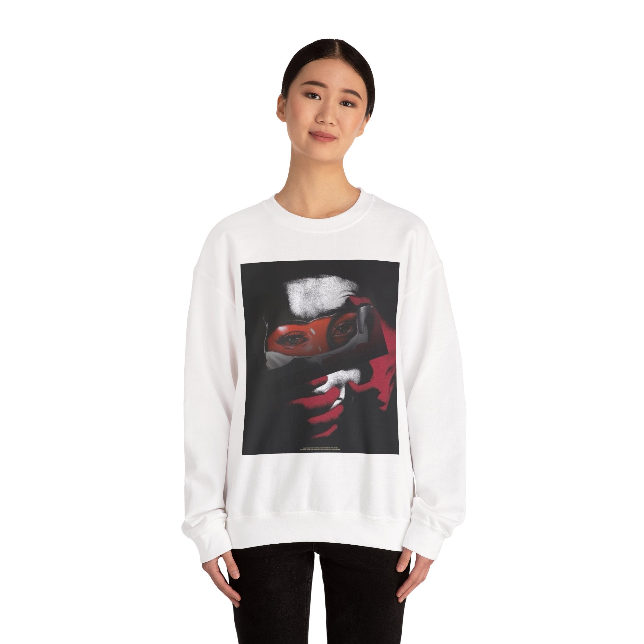 Masked Red Eyes Crewneck Sweatshirt — Graphic Streetwear with 'Legaciess' Back Logo
