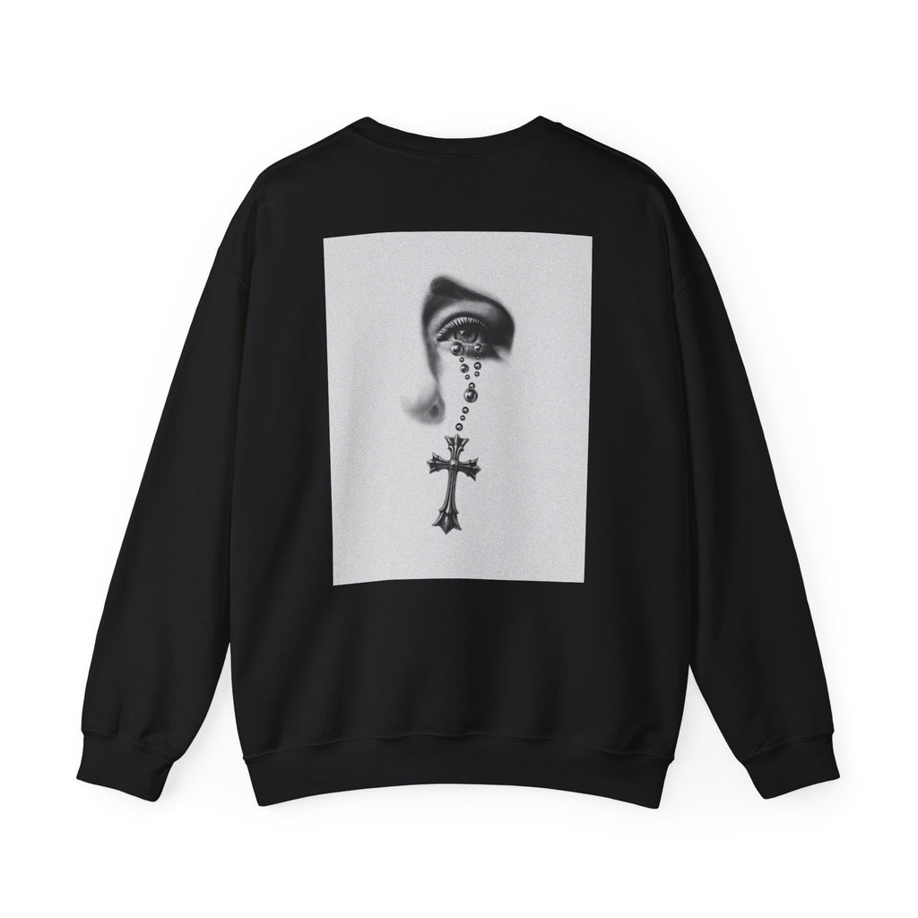 Rosary Tear Crewneck Sweatshirt — Gothic Eye & Cross Graphic