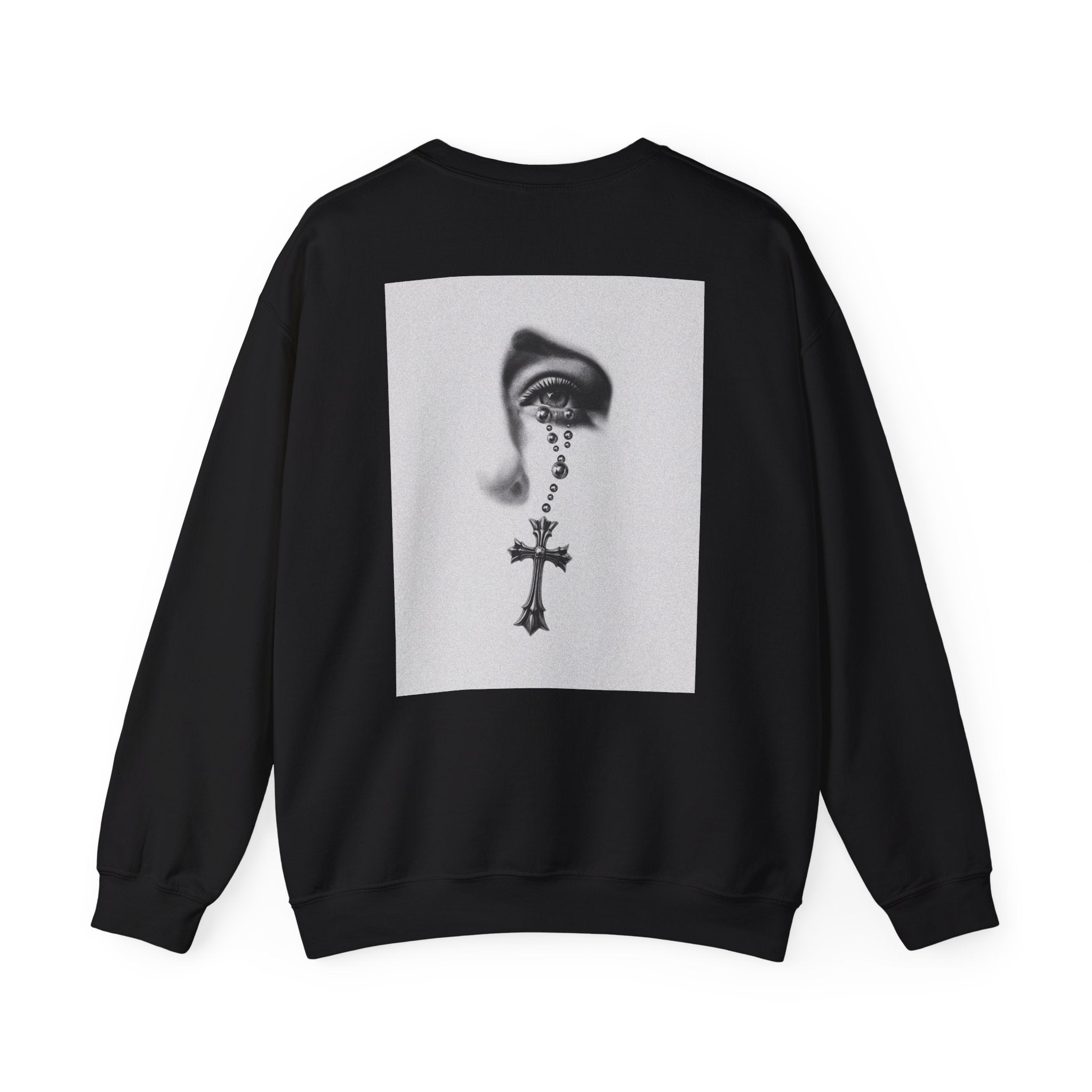 Rosary Tear Crewneck Sweatshirt — Gothic Eye & Cross Graphic