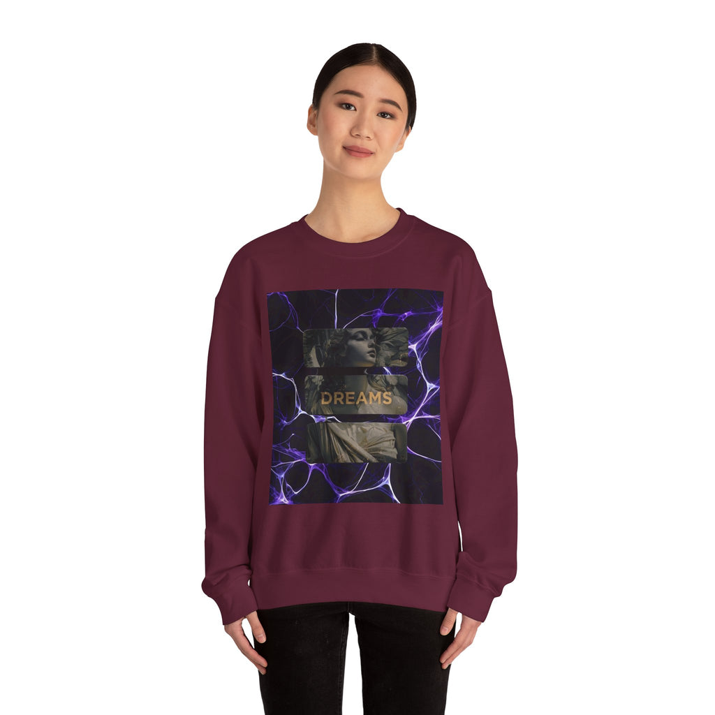 Dreams Statue Crewneck Sweatshirt — Retro Statue Graphic with Purple Lightning
