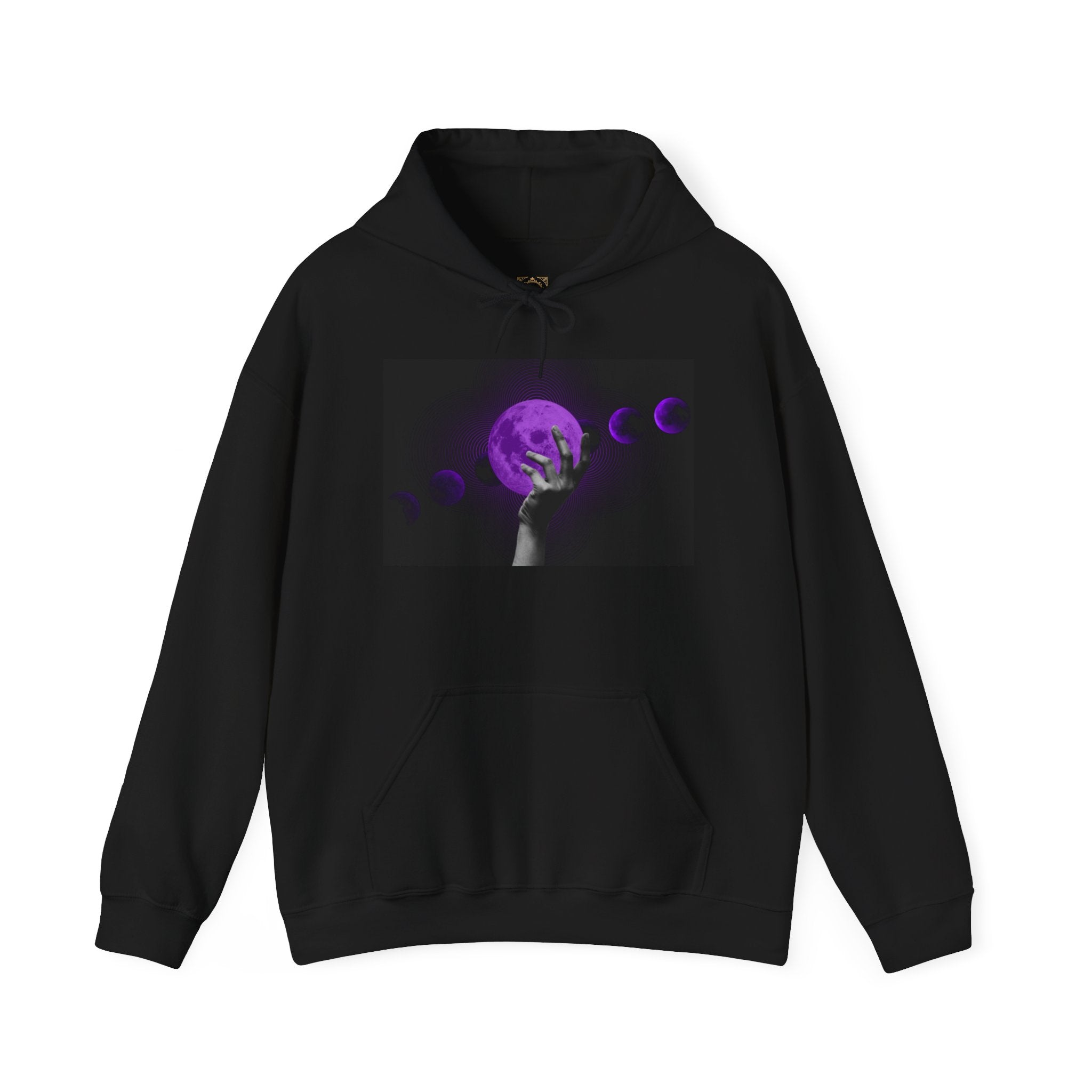 Moon Phases Hoodie — Purple Lunar Hand Graphic Pullover