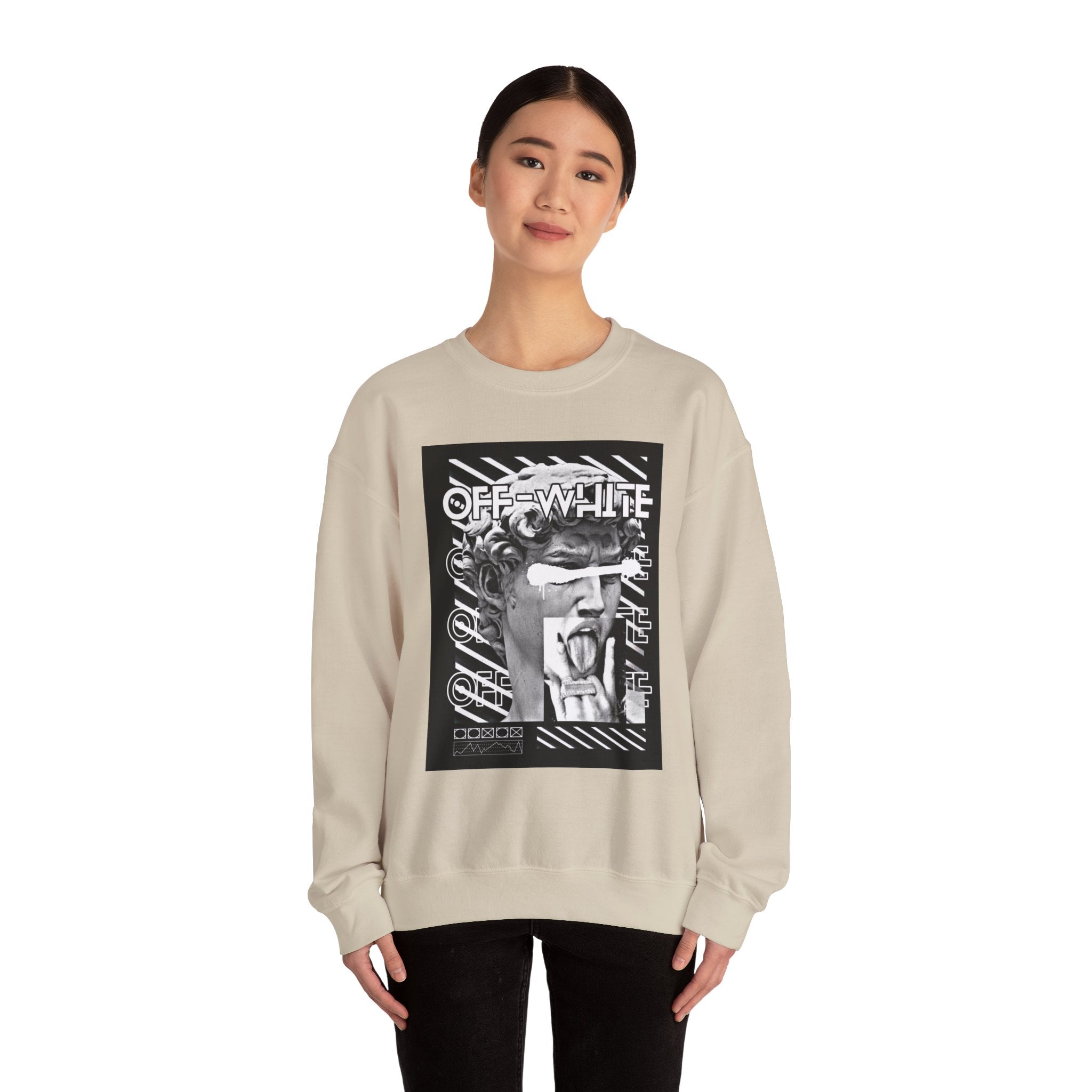 Statue Graphic Crewneck Sweatshirt — 'OFF-WHITE' Monochrome Streetwear Pullover