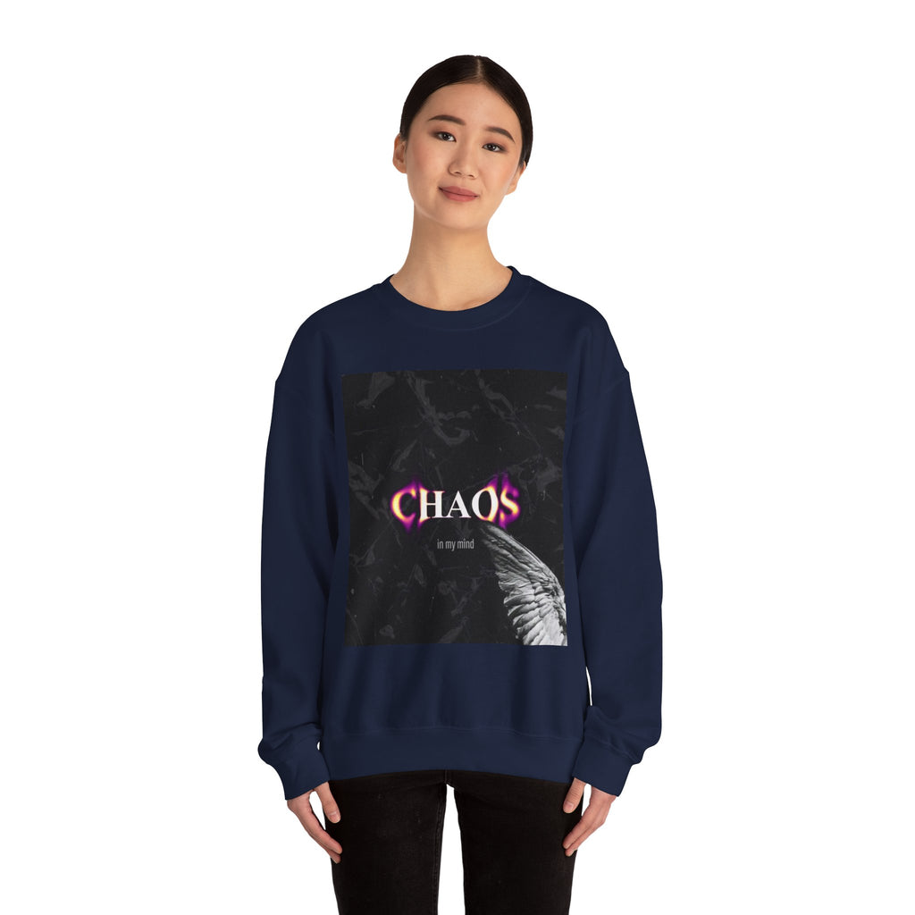 Chaos Graphic Crewneck Sweatshirt — "CHAOS in my mind" Gothic Wing Design