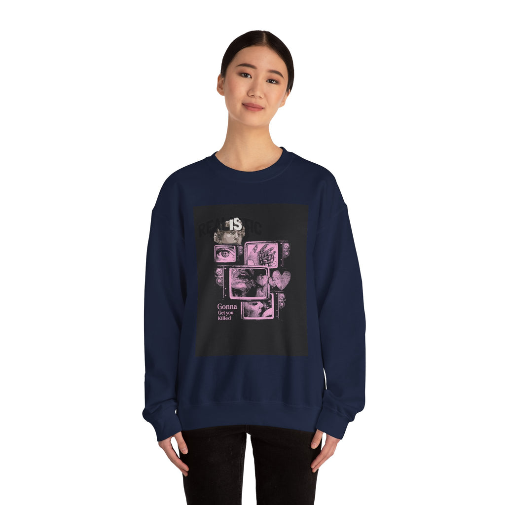 Crewneck Sweatshirt — Pink Collage Eyes Graphic “Gonna Get You, Kiddo”