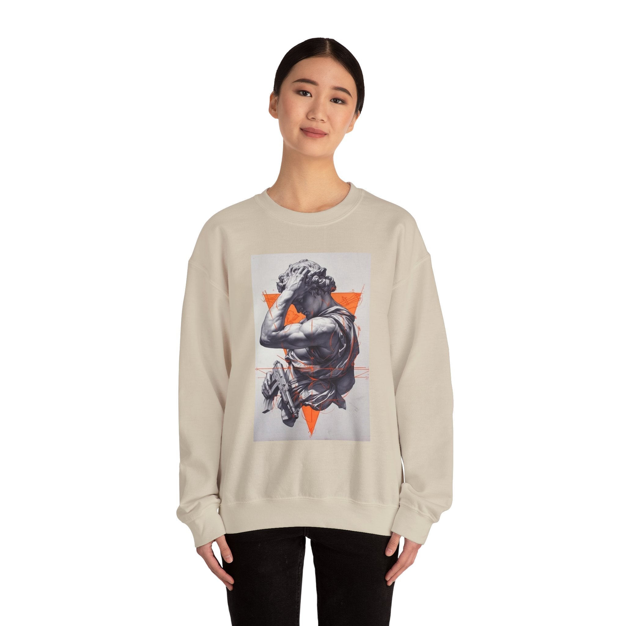 Statue Graphic Sweatshirt — Vintage Sculpture with Orange Triangle