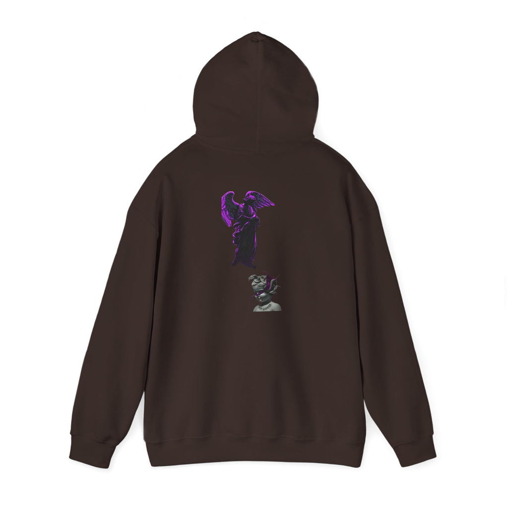 Angel Statue Hoodie — Gothic Purple Accent Sculptural Graphic Hoodie