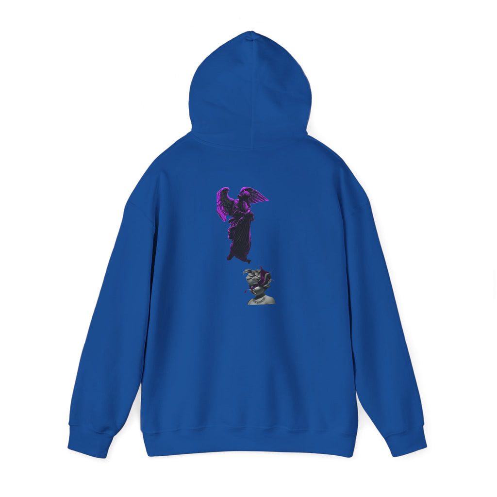 Angel Statue Hoodie — Gothic Purple Accent Sculptural Graphic Hoodie