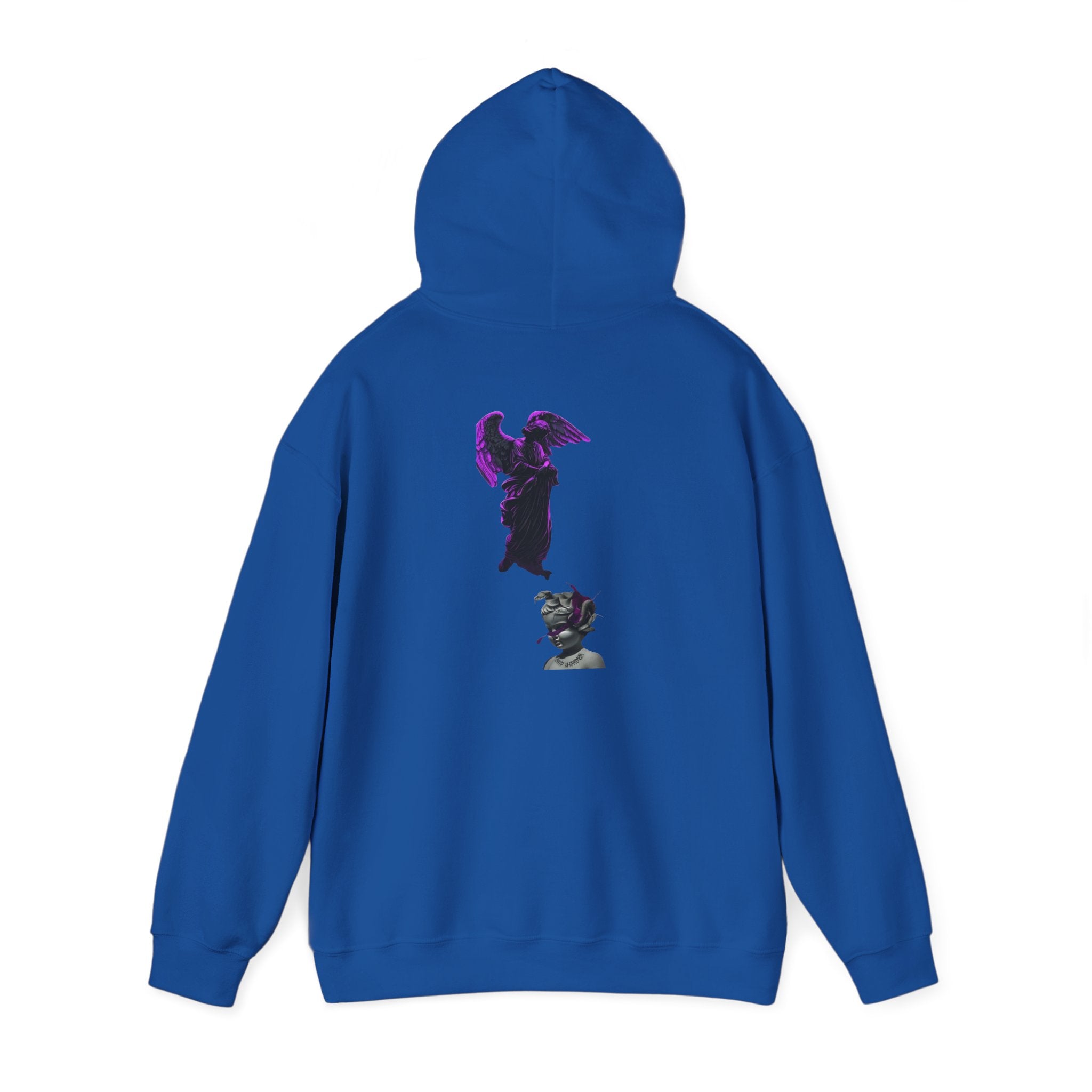 Angel Statue Hoodie — Gothic Purple Accent Sculptural Graphic Hoodie