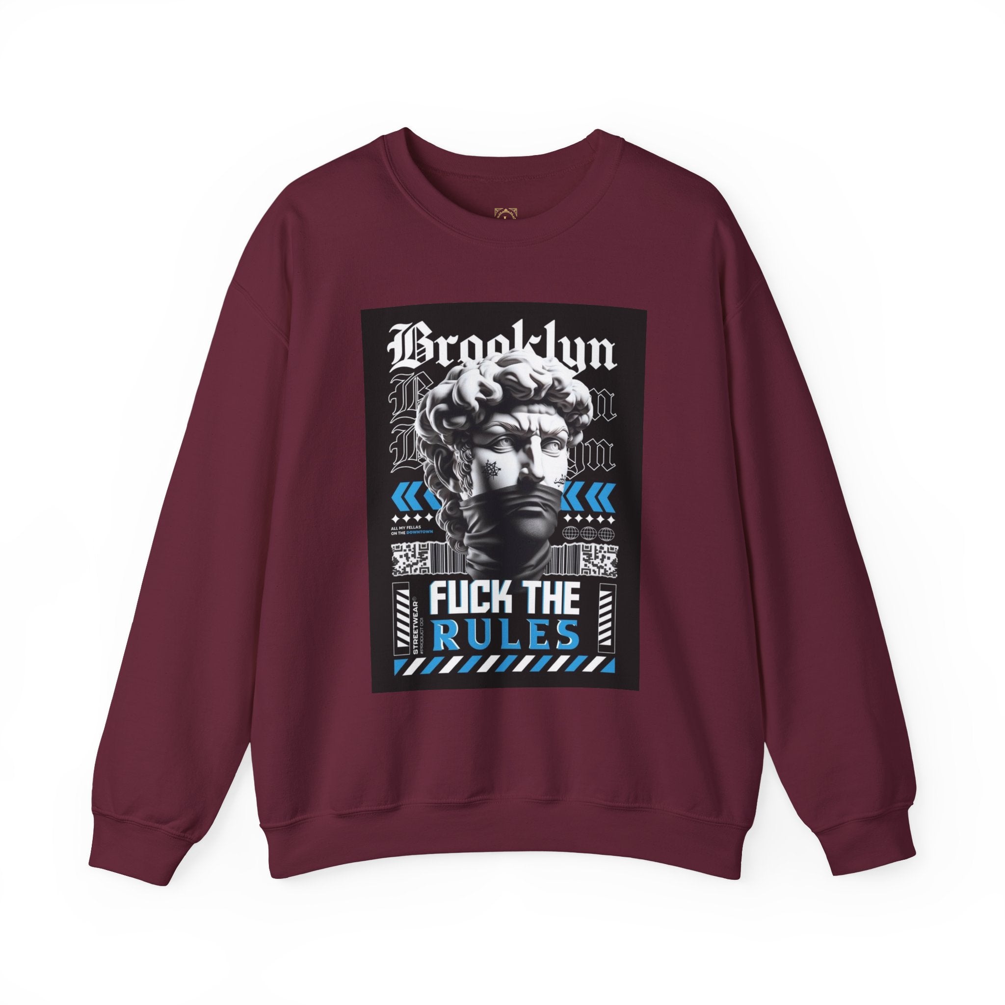 Crewneck Sweatshirt — 'Brooklyn' Statue Graphic with “Fuck the Rules” Streetwear Slogan