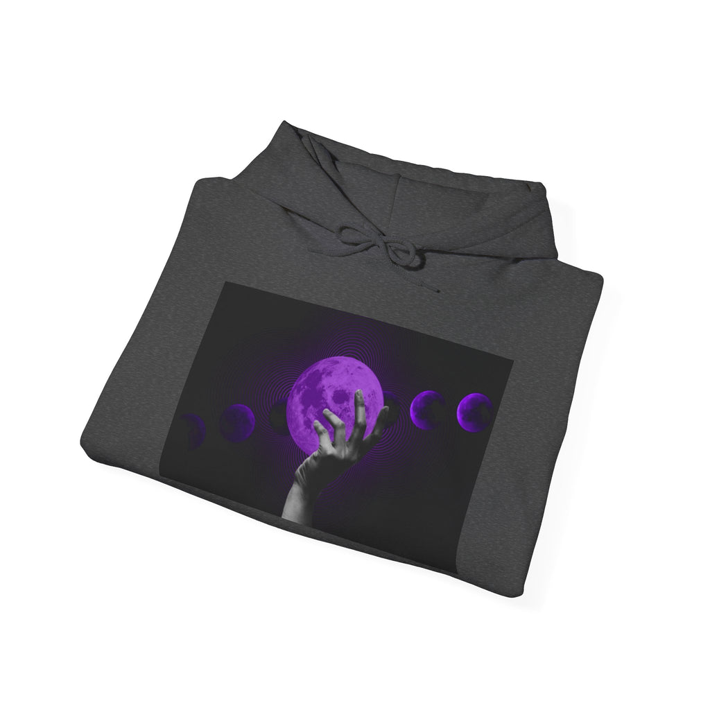 Moon Phases Hoodie — Purple Lunar Hand Graphic Pullover