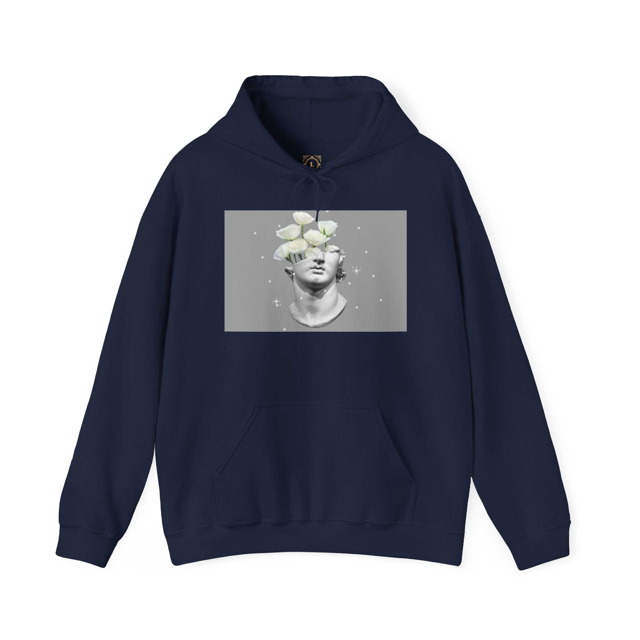 Statue Bloom Hoodie — Classical Bust with White Flowers Graphic Hoodie