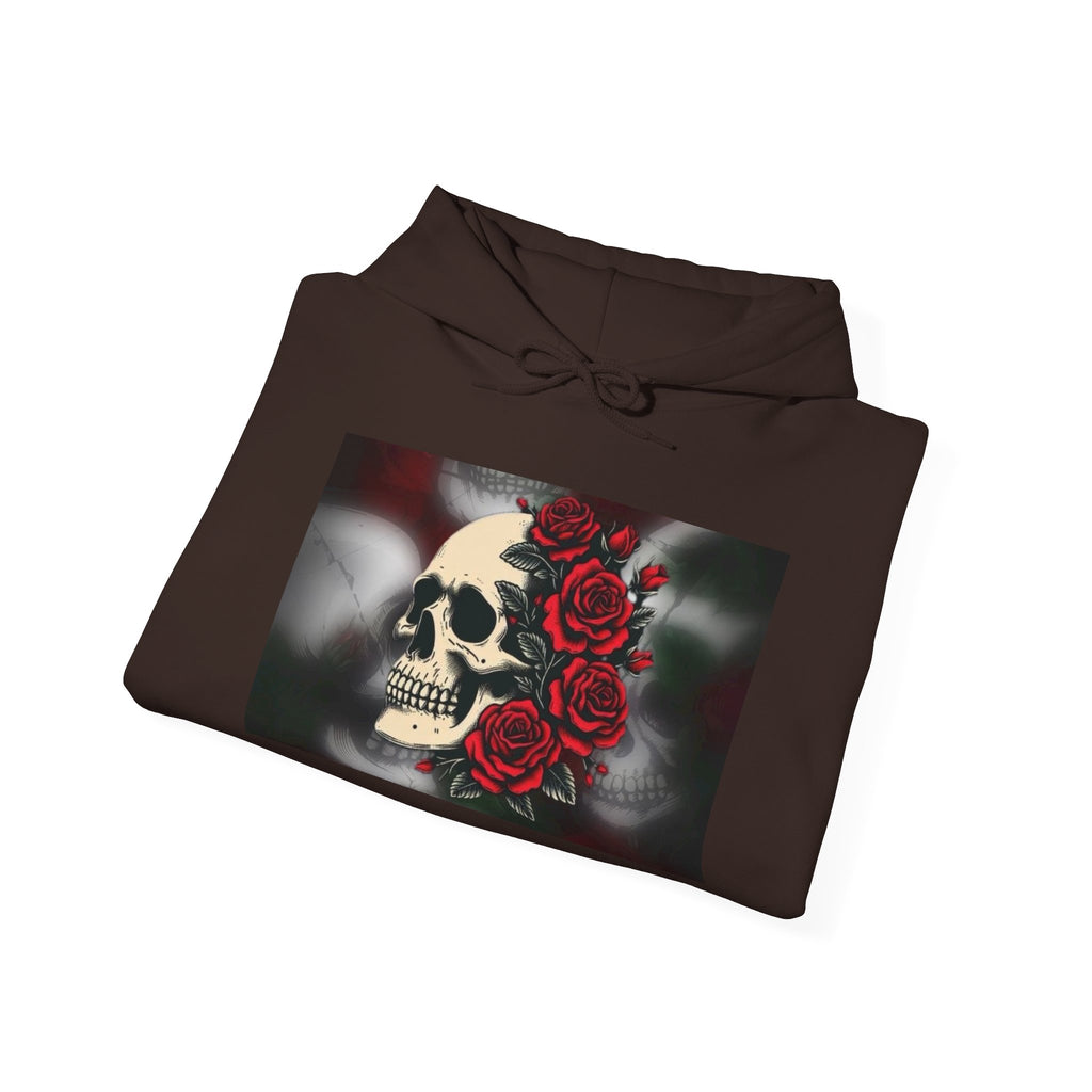 Skull with Red Roses Hoodie — Gothic Floral Skull Sweatshirt