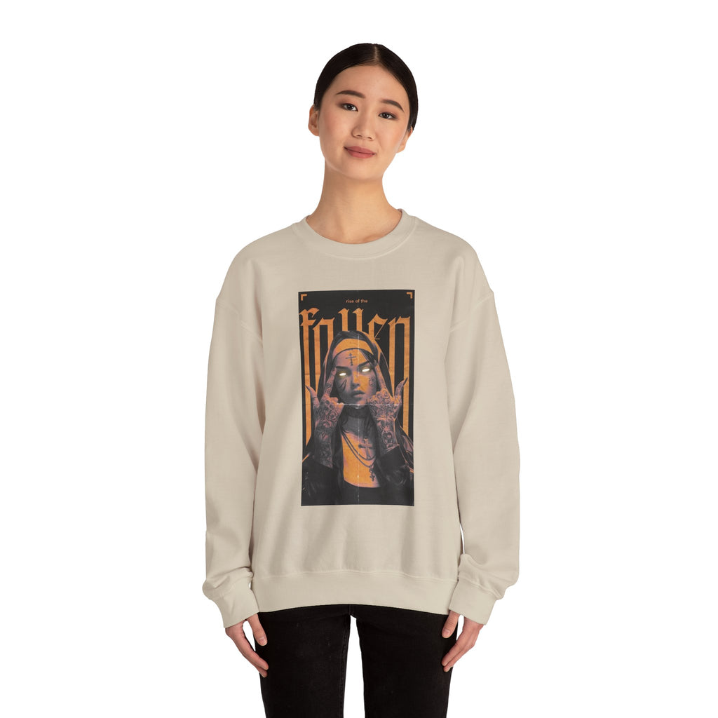 Fallen Gothic Crewneck Sweatshirt — Dark Tattooed Nun Graphic